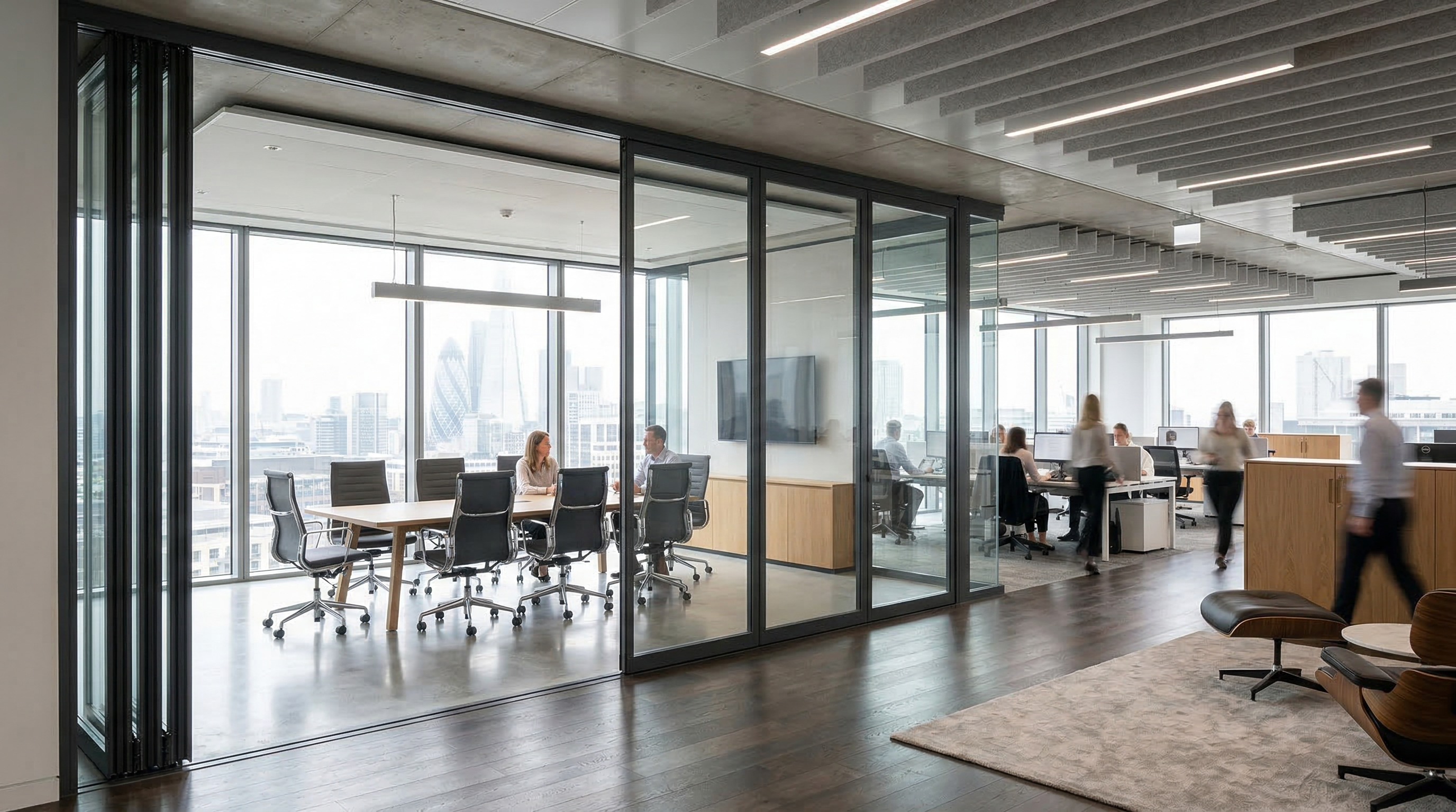 Modern office with MG500 flush glazed sliding folding partitions