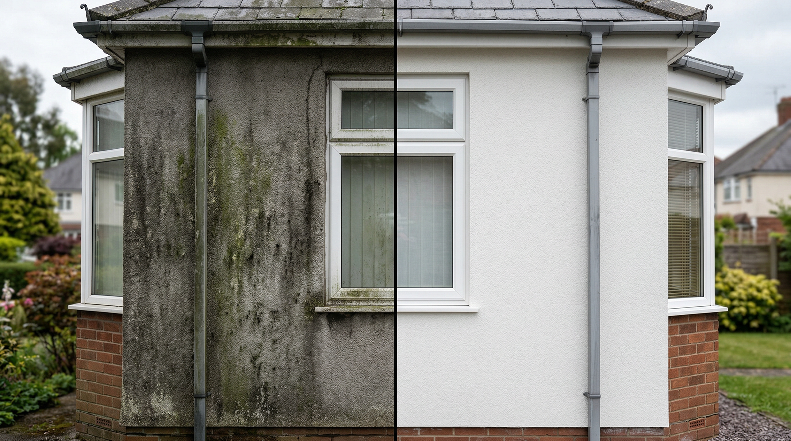 Before and after render cleaning — algae and black streaks removed from rendered house wall
