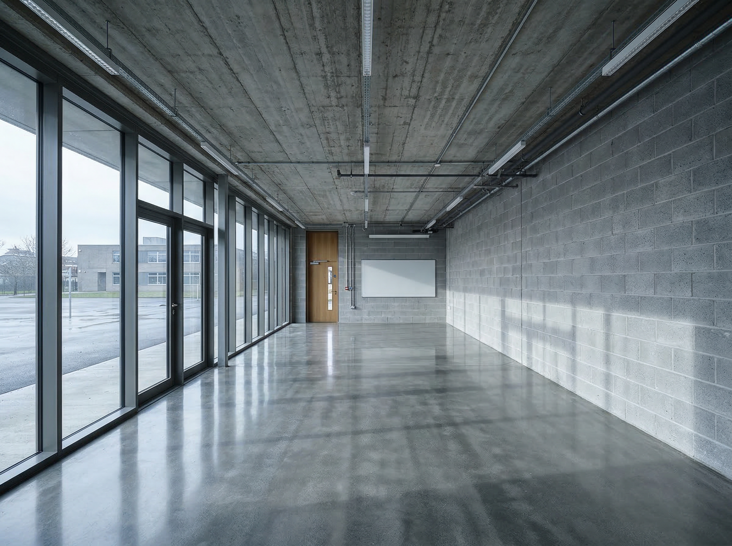 Empty school extension room with hard concrete surfaces before acoustic treatment
