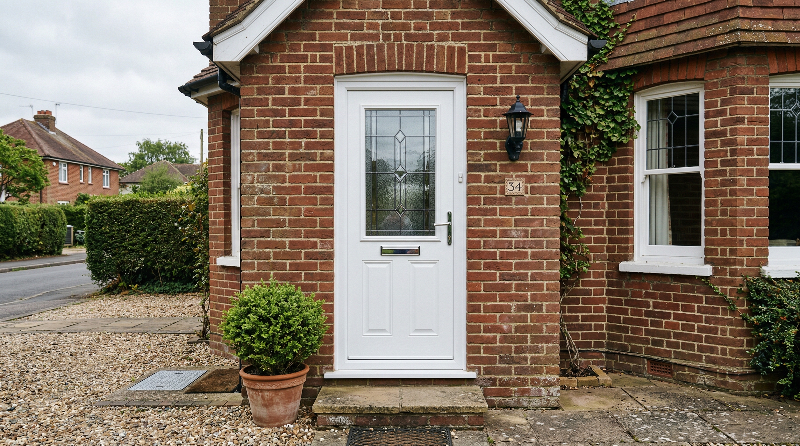 White PVC front door on a traditional British brick house
