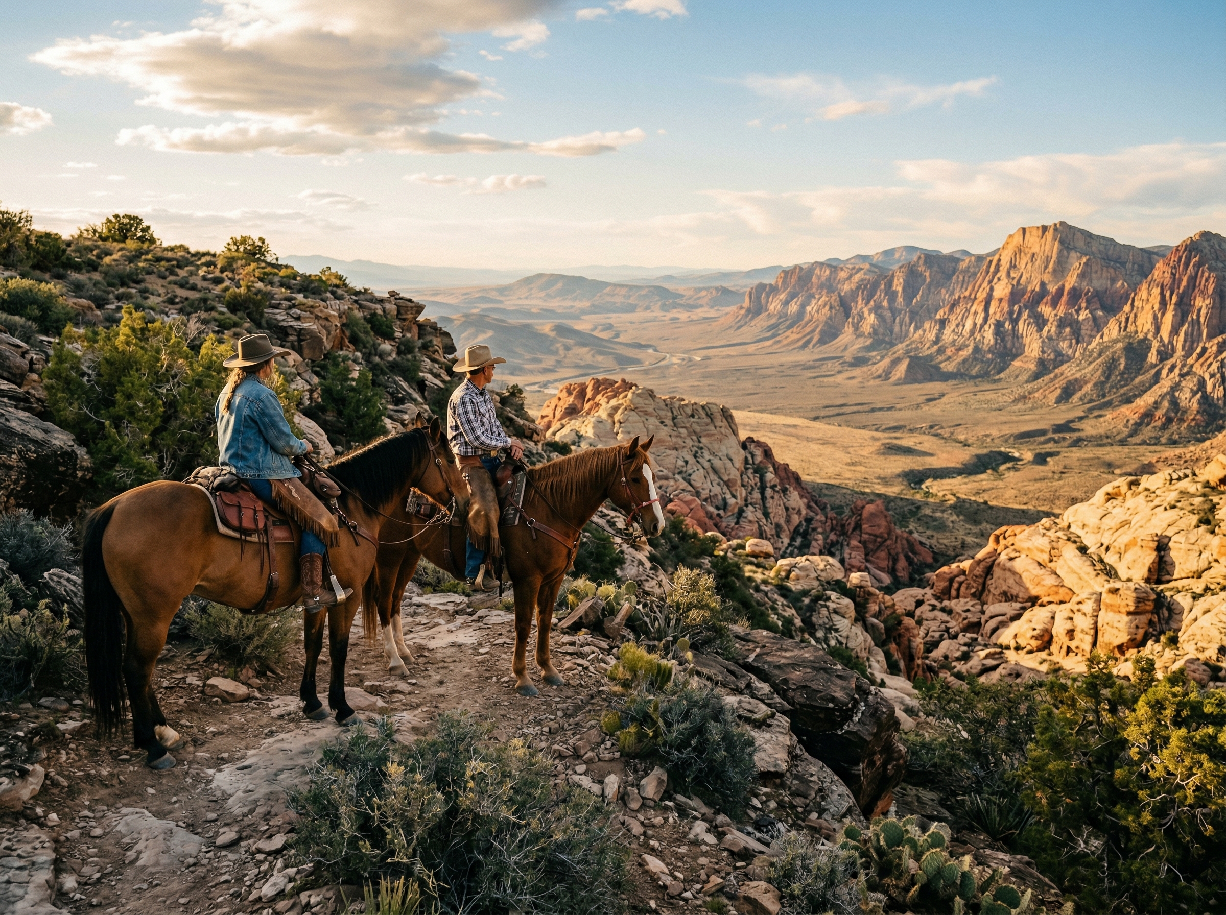 Two riders on horseback pausing at a dramatic scenic overlook above Nevada canyon landscape