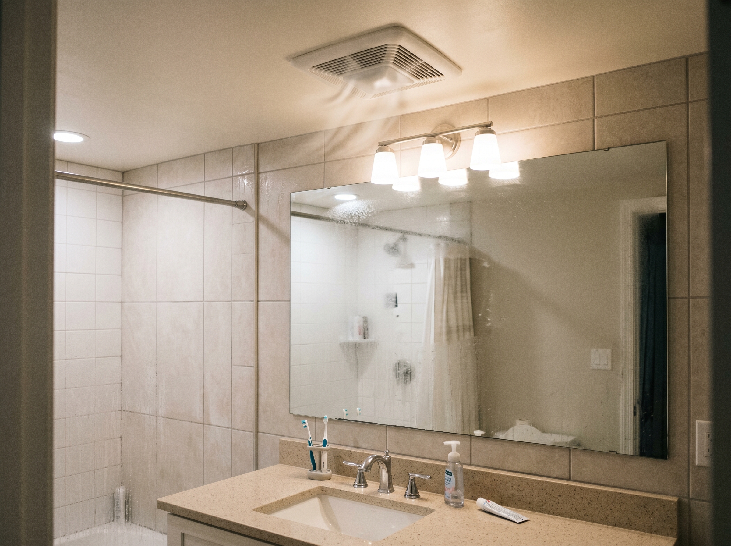 Bathroom exhaust fan on ceiling with steam from shower showing ventilation assessment during home humidity inspection in York PA