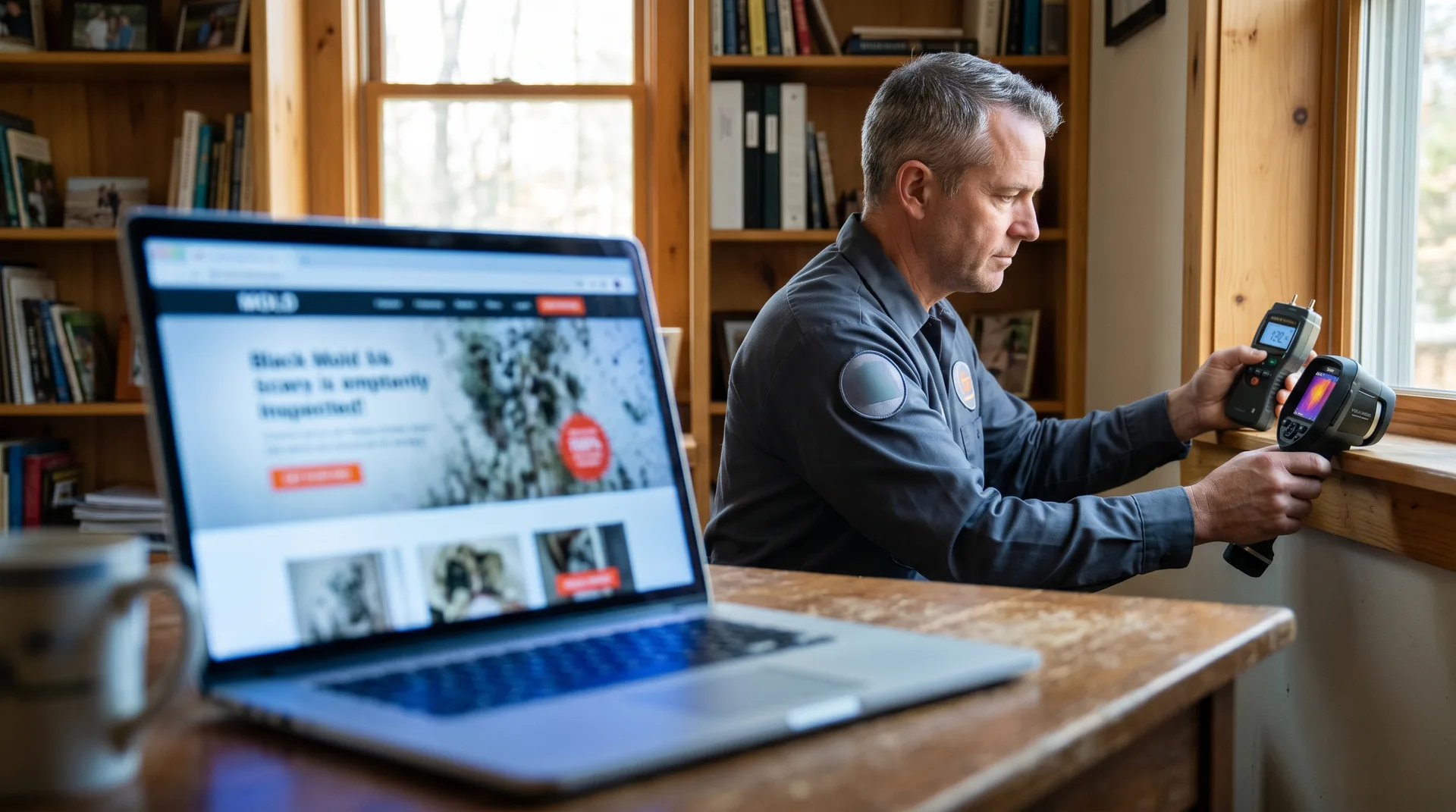 Contrast between a generic mold website on a laptop screen and a real professional mold inspector with thermal imaging equipment
