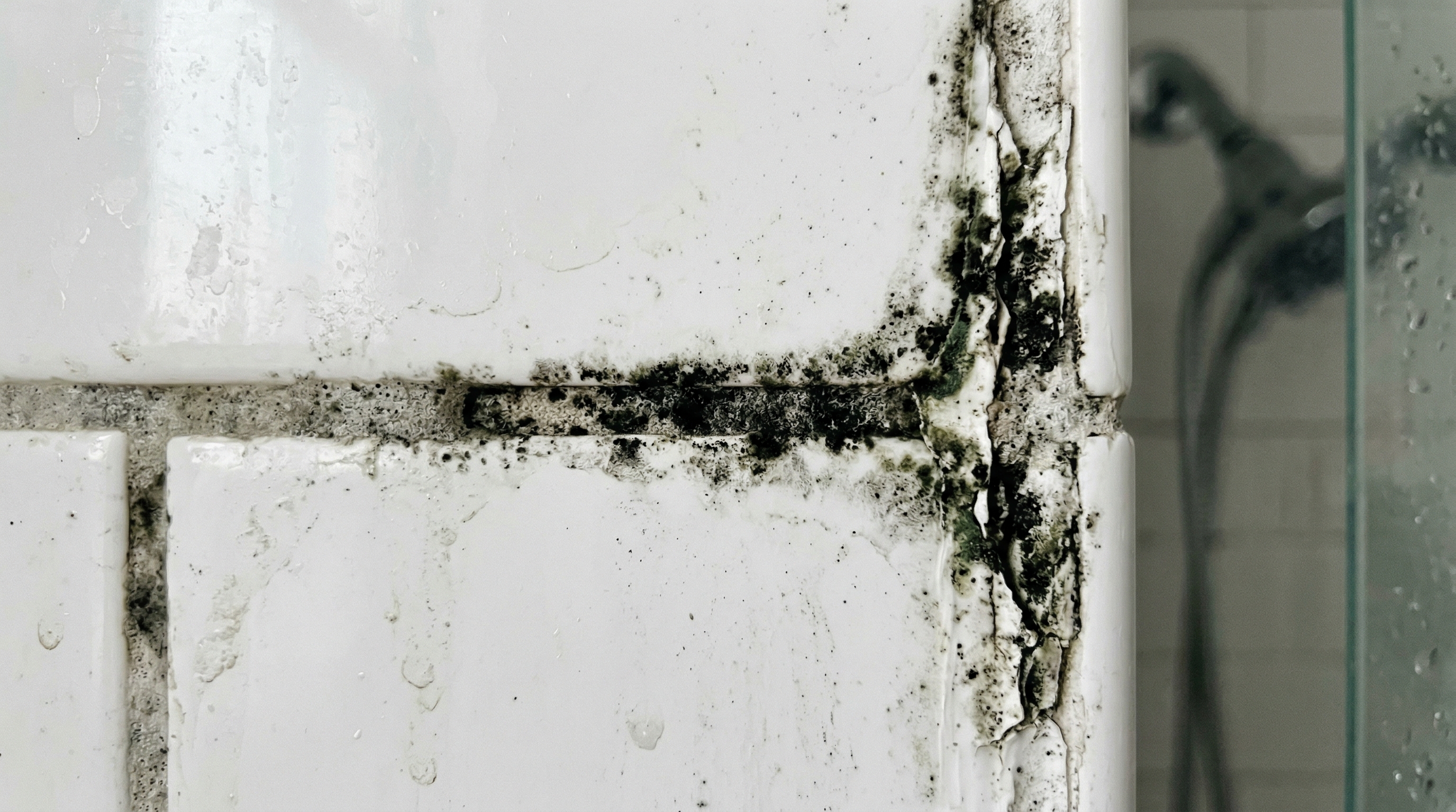 Black mold growing on bathroom tile grout and caulk
