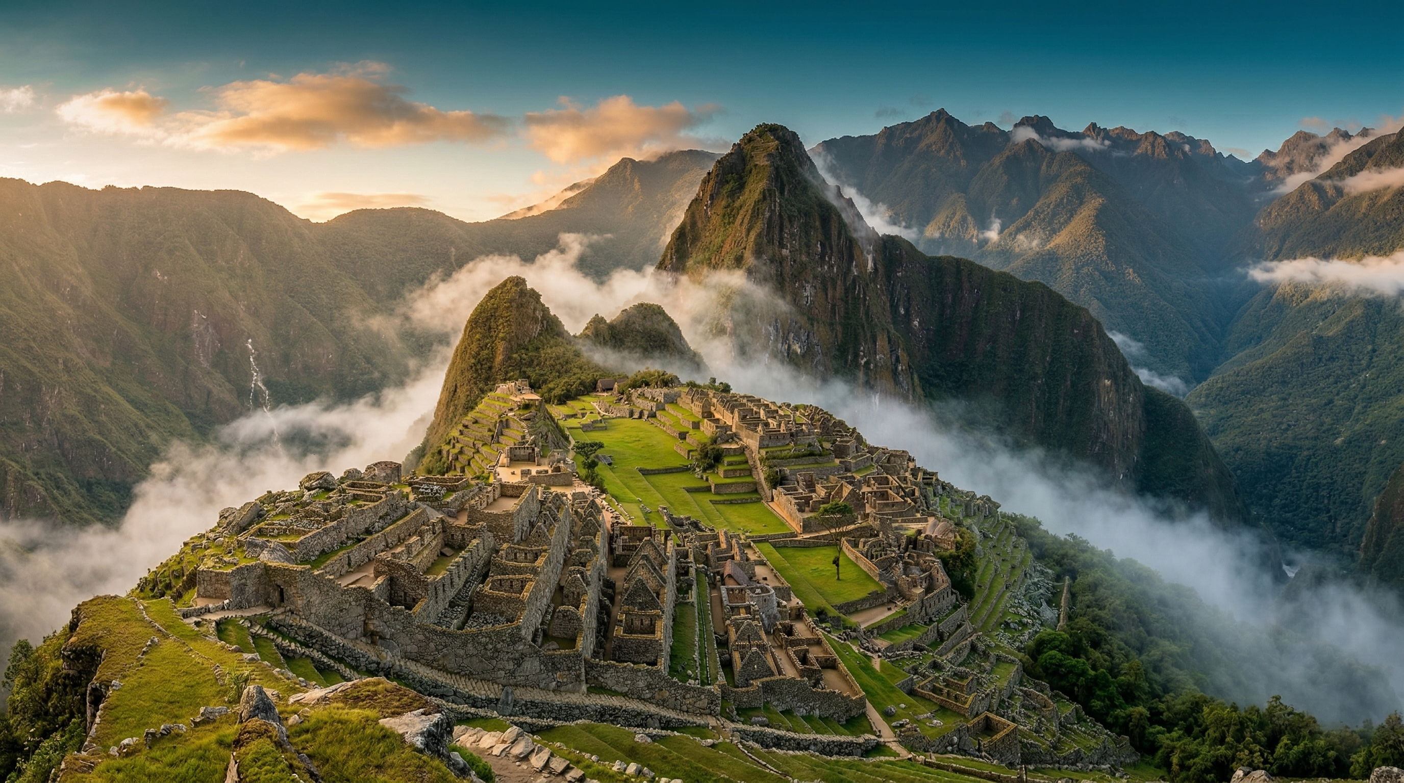 Machu Picchu ancient Incan citadel with mountain peaks in morning mist