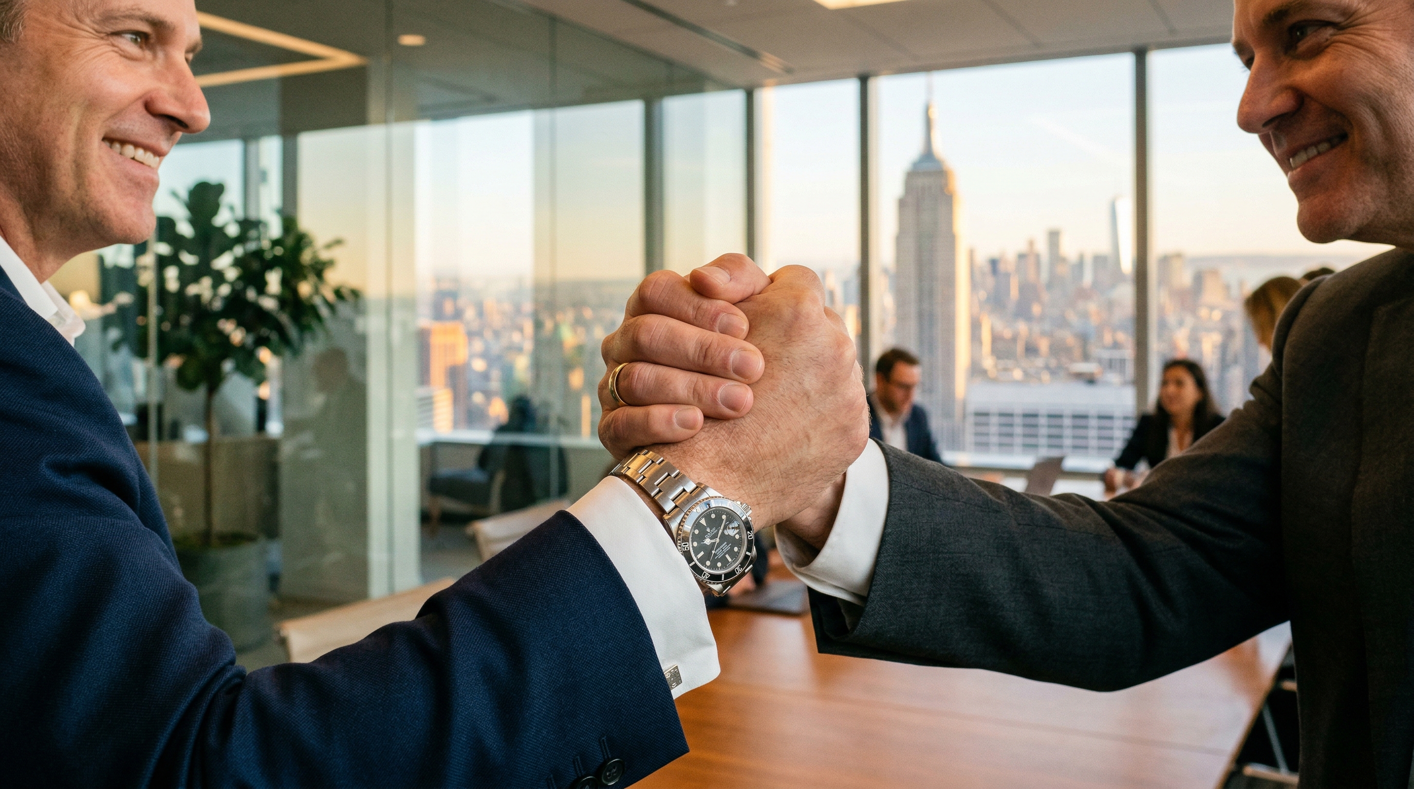 Business professionals shaking hands in a modern NYC office
