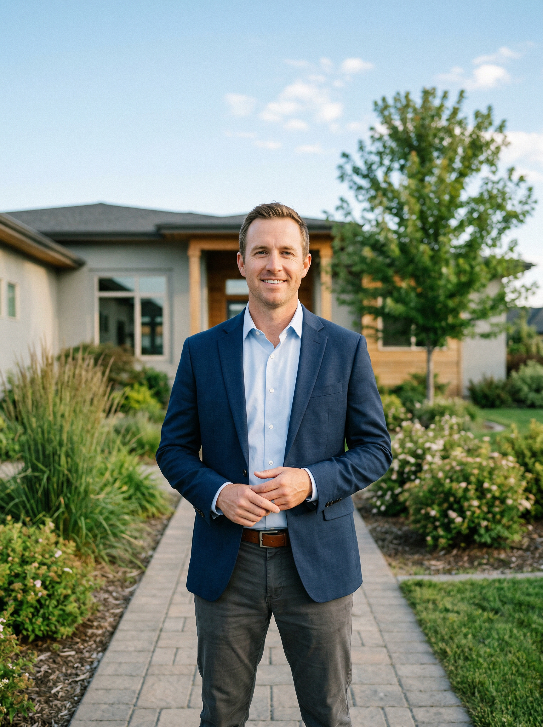 Tim Burroughs, Treasure Valley Idaho Realtor with Silvercreek Realty Group, standing in front of a modern Idaho home