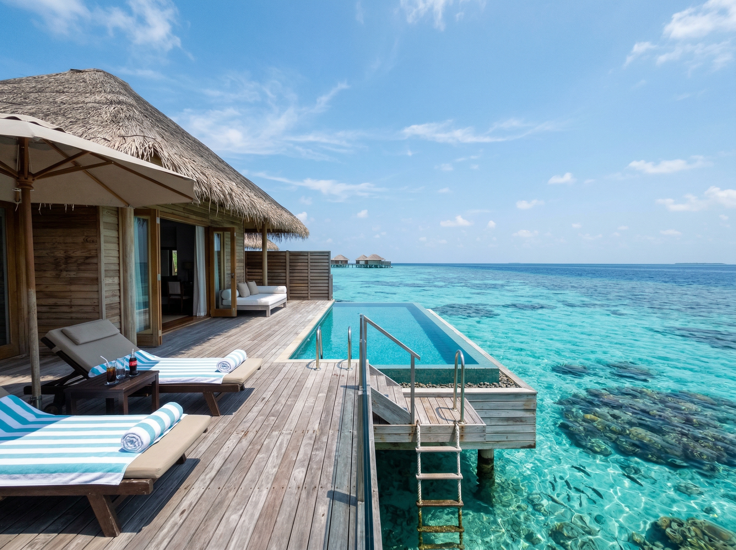Overwater pool villa at Hurawalhi with private infinity pool over turquoise lagoon