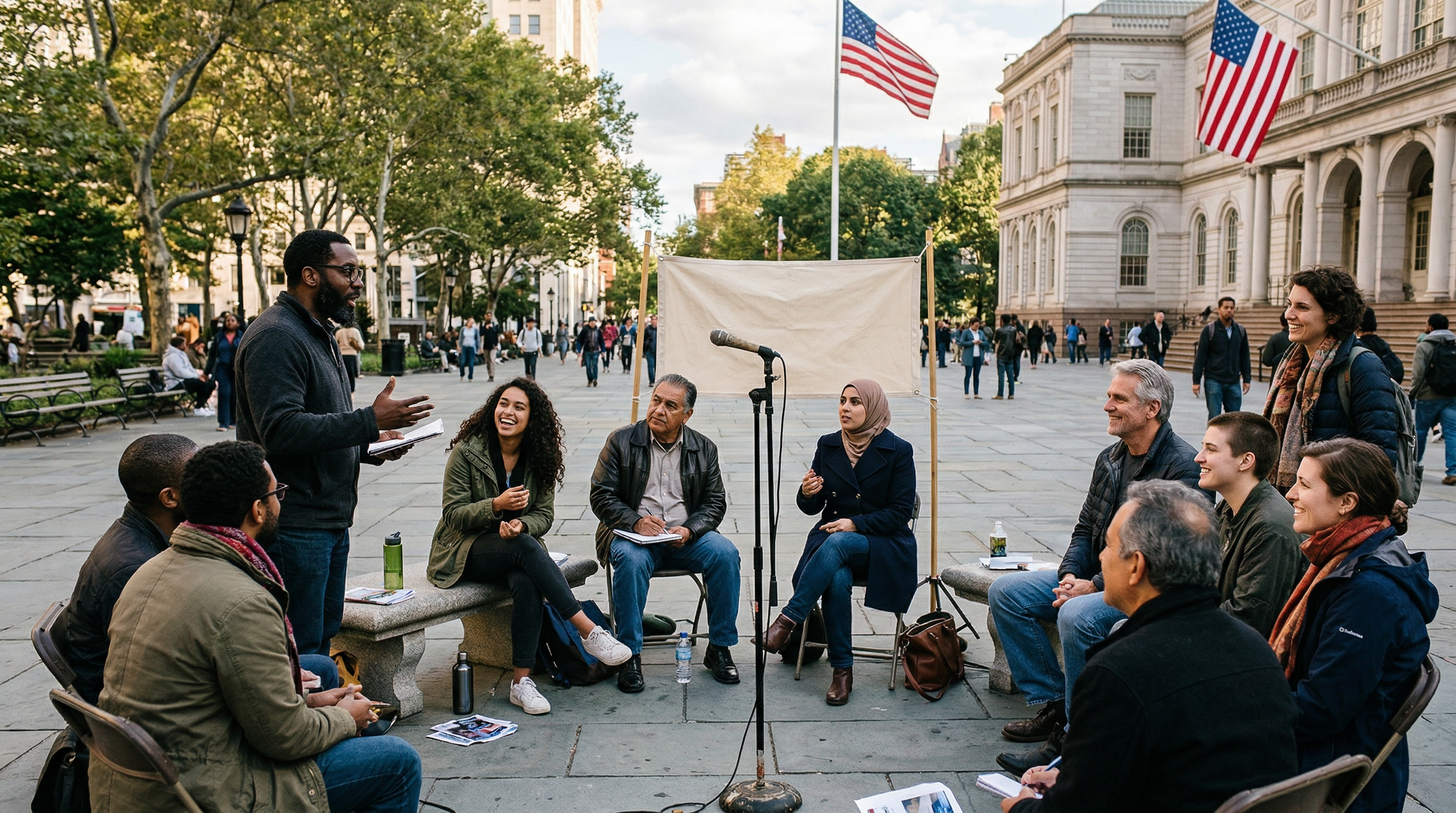 Diverse citizens engaged in civic dialogue in a public plaza