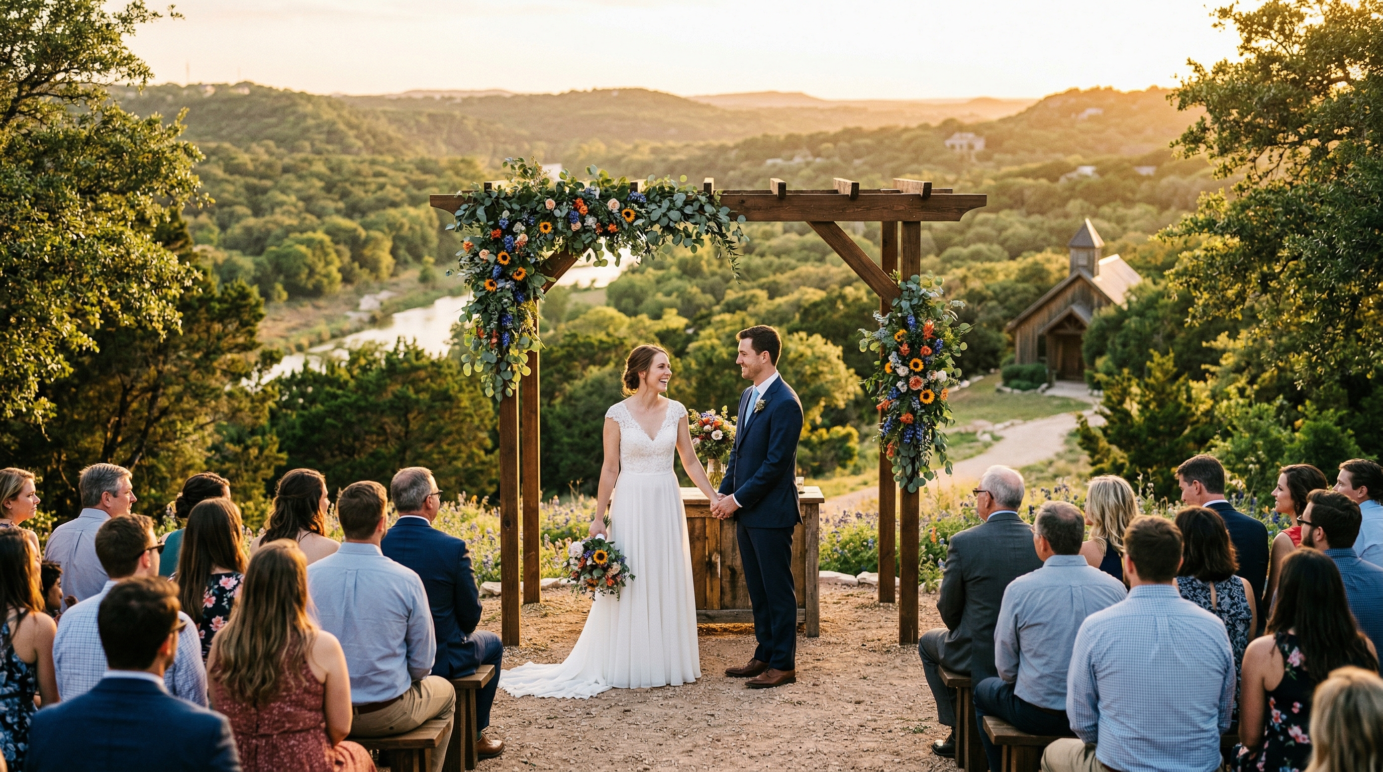 Beautiful outdoor wedding ceremony in Austin Texas Hill Country at golden hour