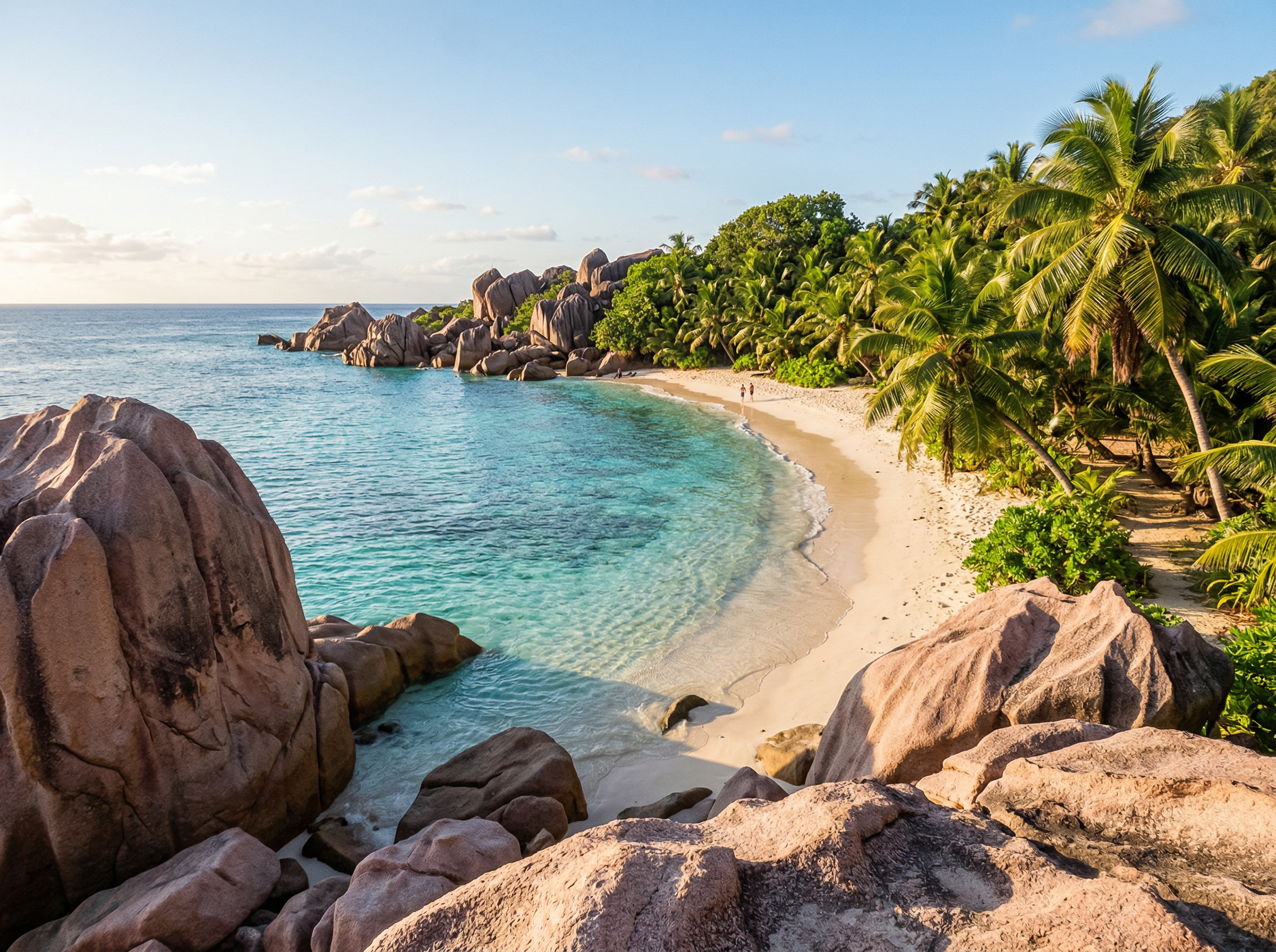Anse Source d Argent beach in the Seychelles showing dramatic pink granite boulders, crystal clear turquoise water, white sand and tropical palm trees