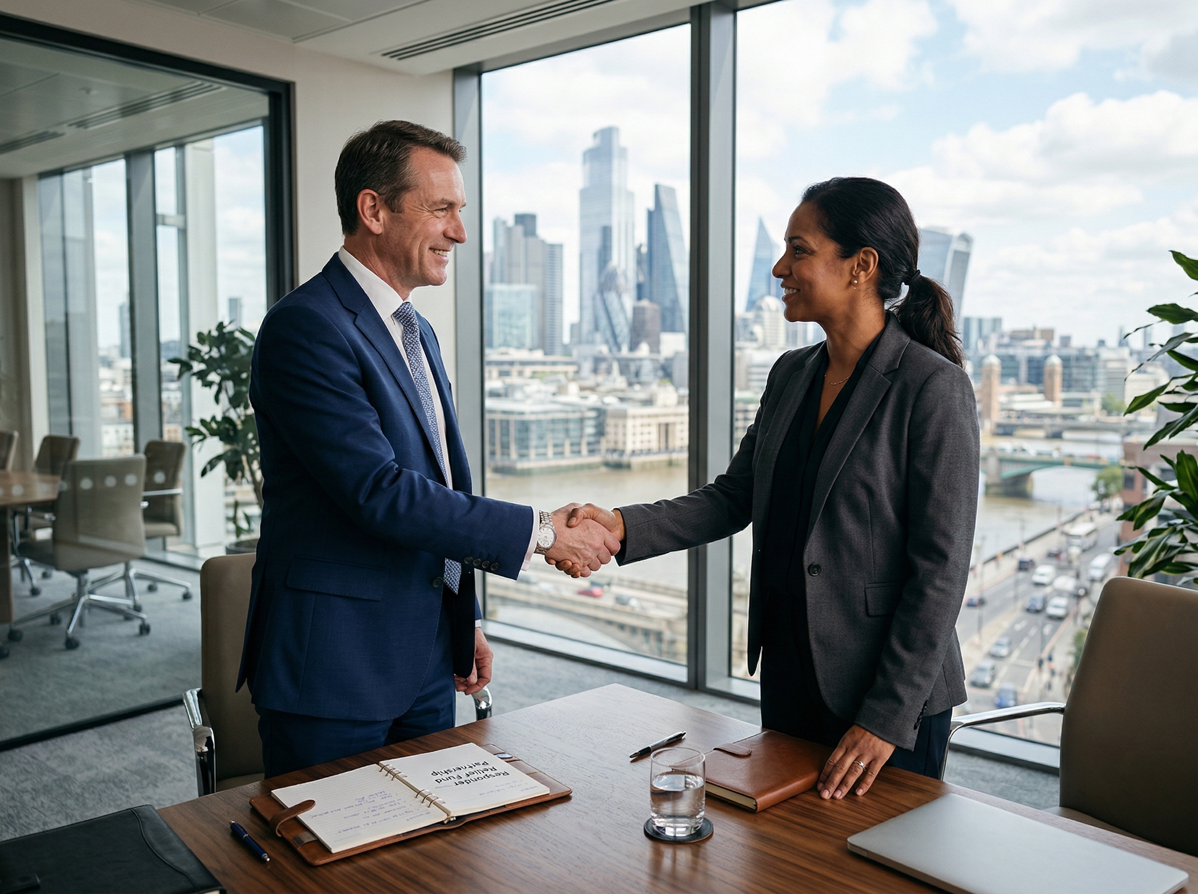 Two business professionals shaking hands in a corporate meeting room with city skyline view