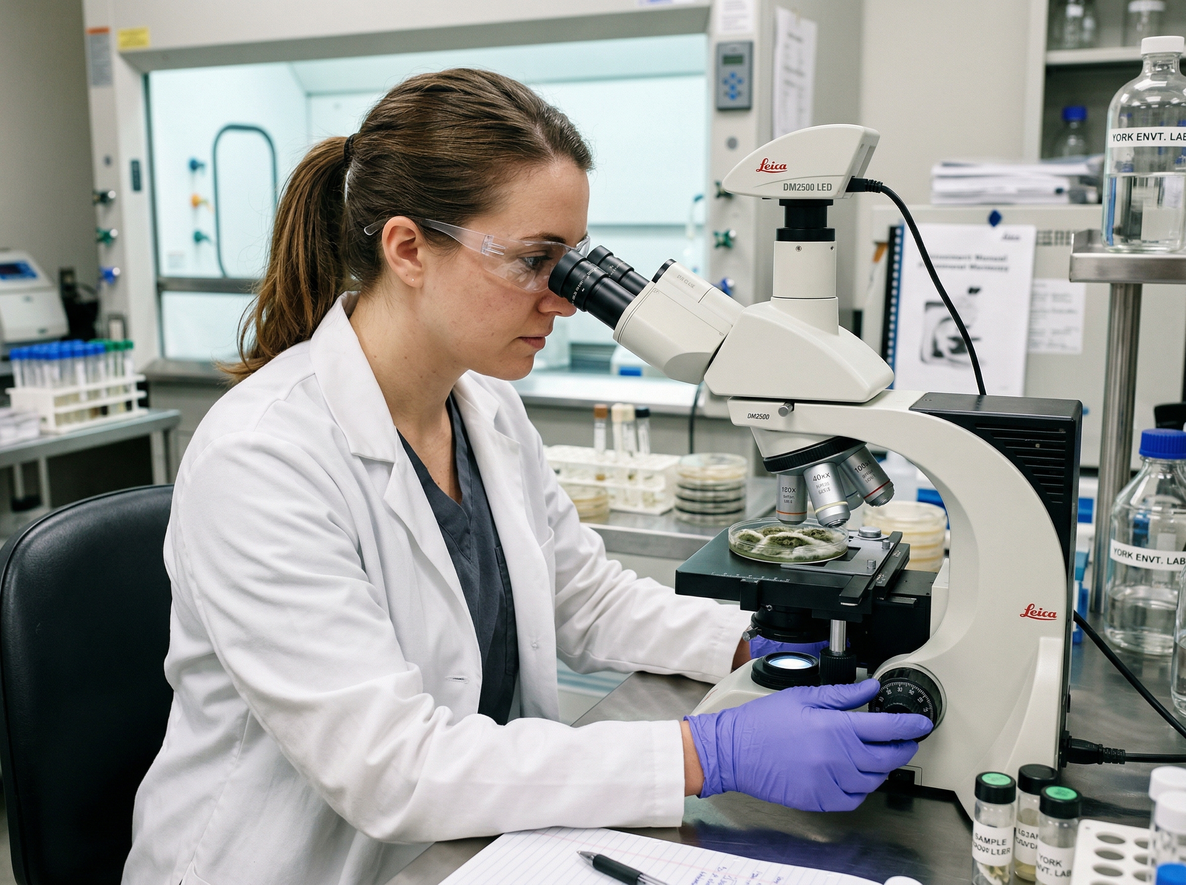 Laboratory scientist analyzing mold samples under microscope