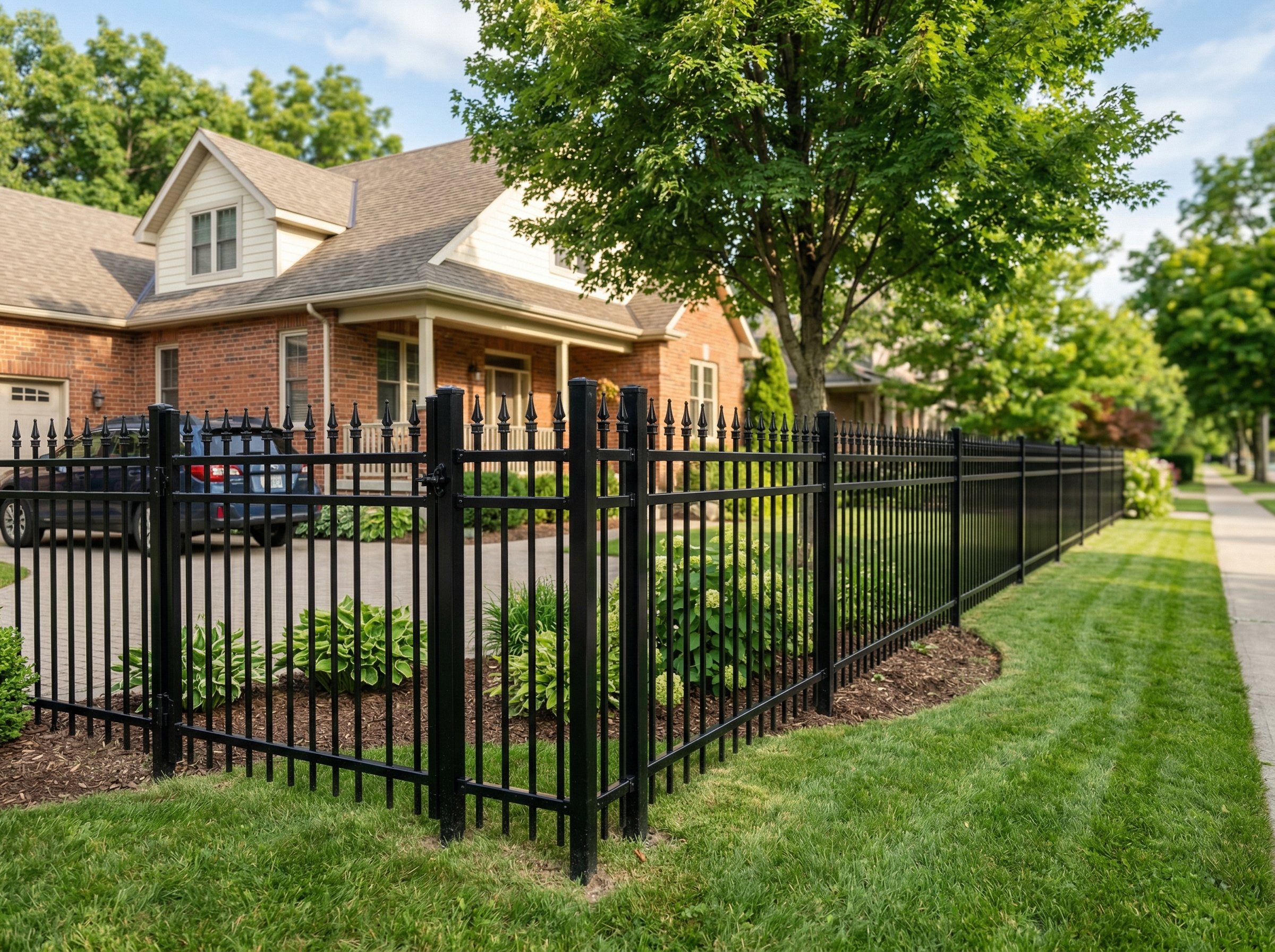 Black ornamental aluminum picket fence with decorative spear-top finials installed along a residential front yard in London Ontario