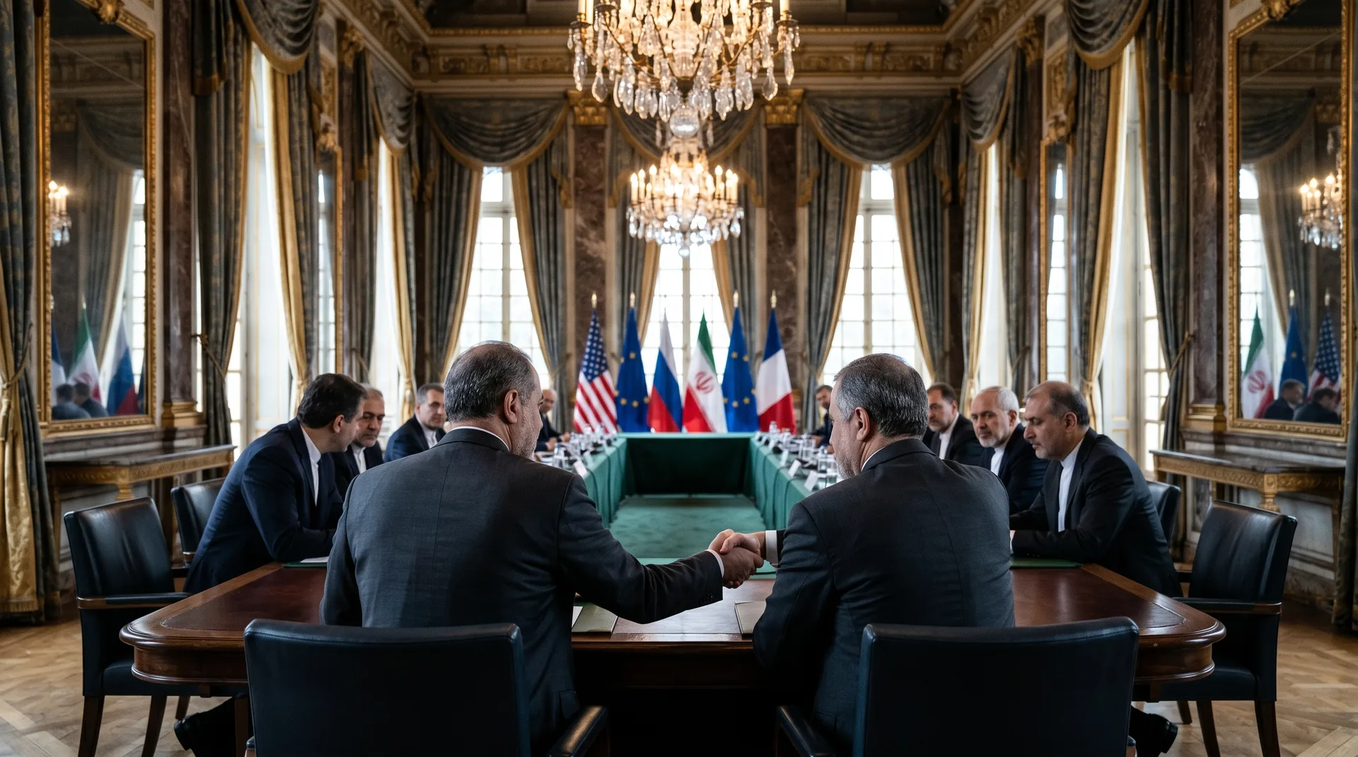 Diplomatic negotiations between US and Iranian delegations at a formal meeting table