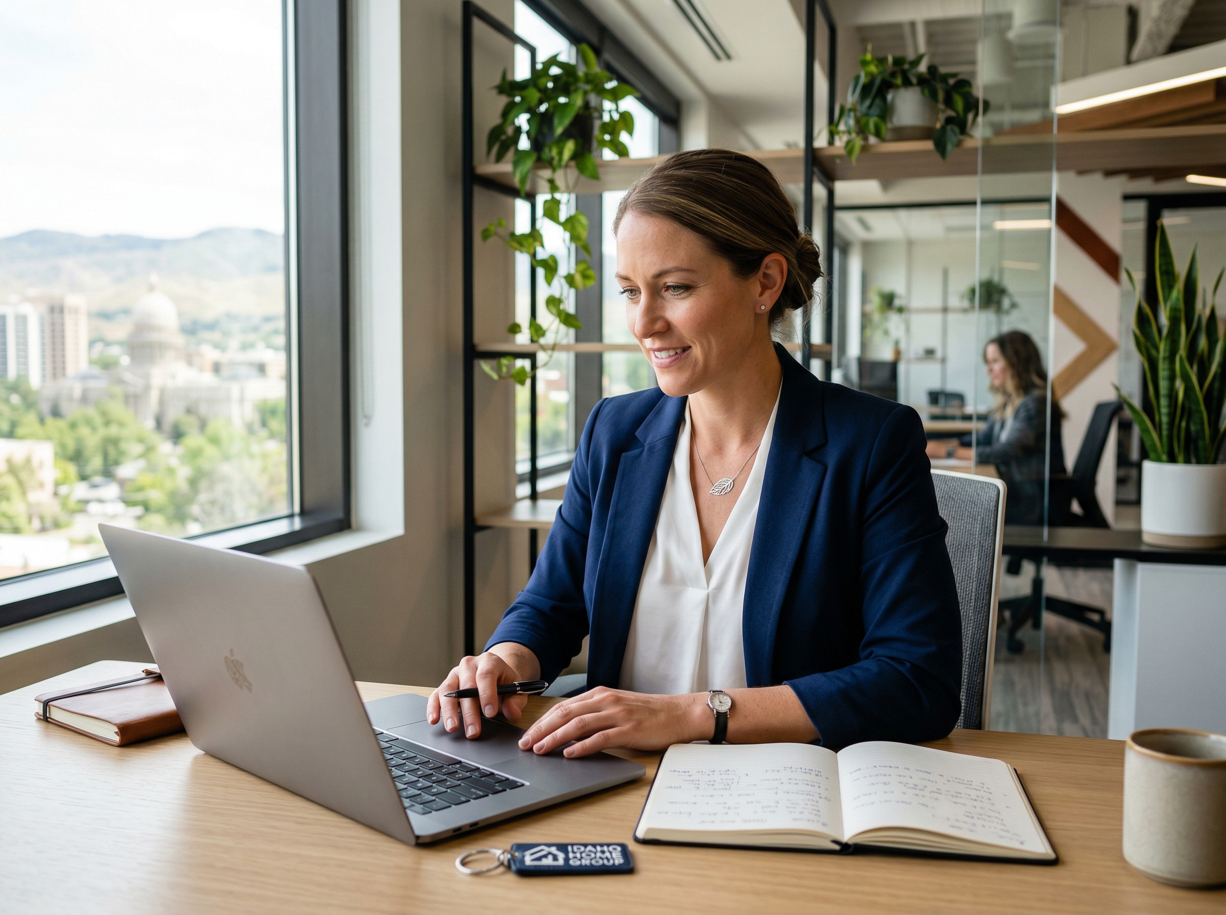 Real estate agent working at desk with Boise cityscape in background