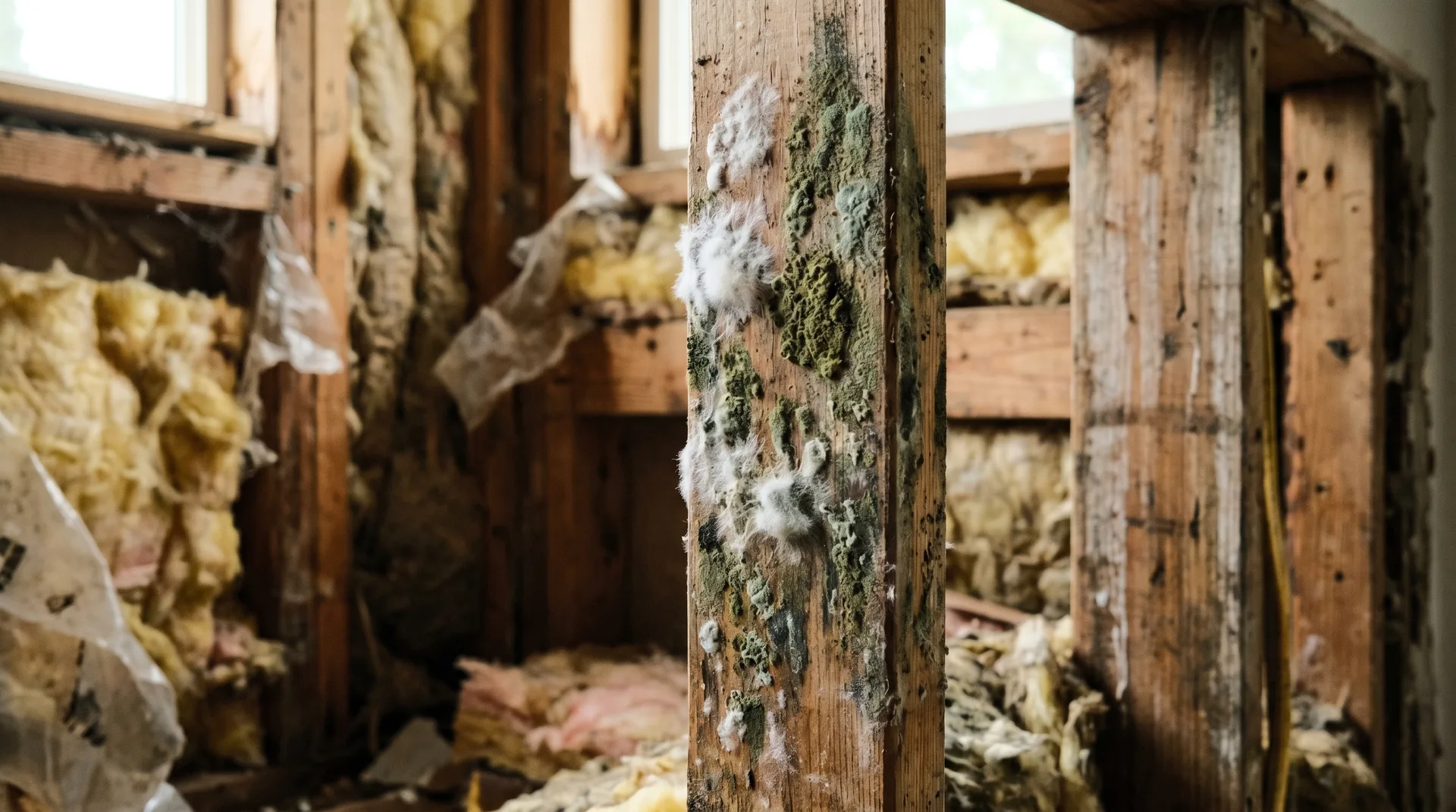 White and green mold growth on wooden wall studs inside a home wall cavity - showing mold is not always black
