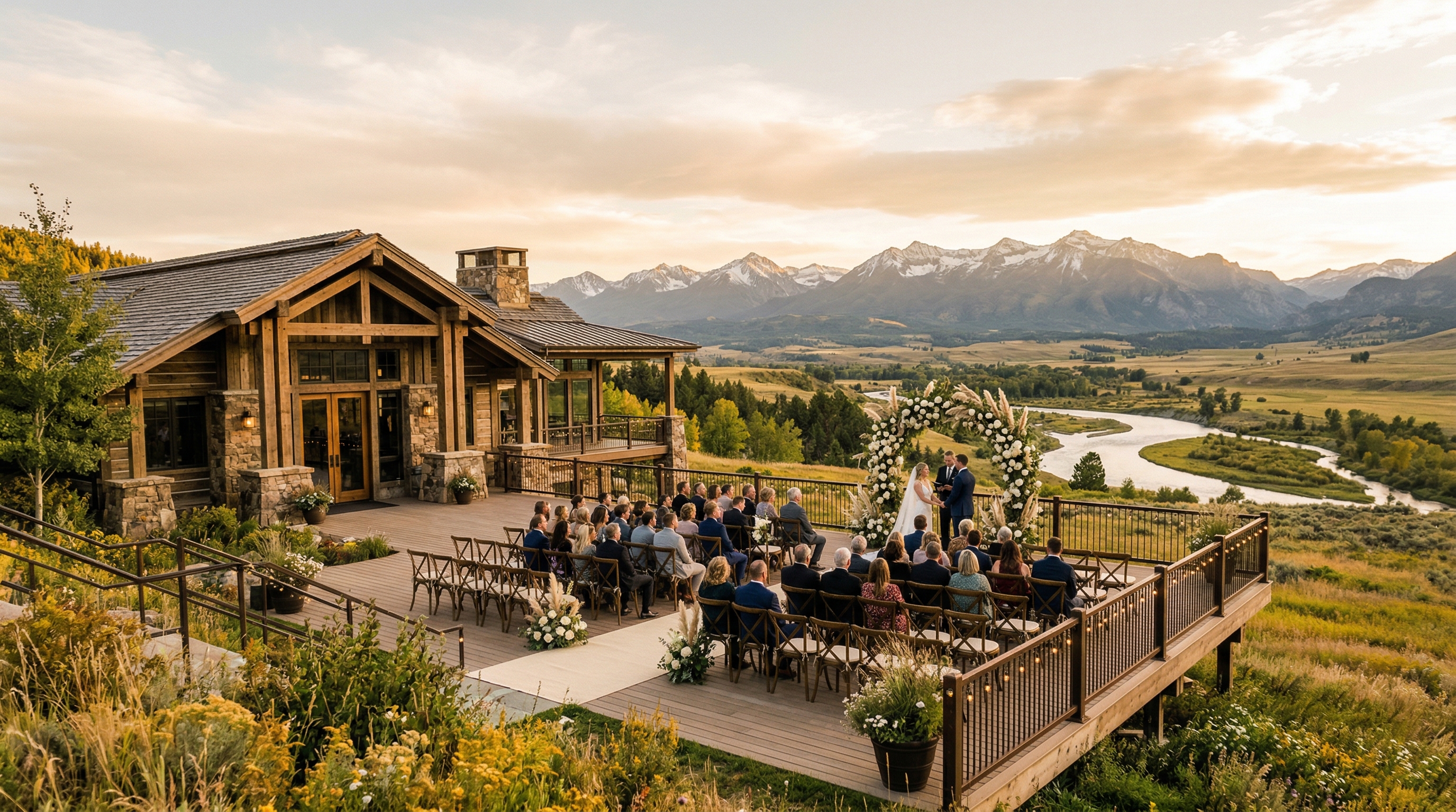 Sage Lodge Paradise Valley Montana luxury wedding ceremony on lodge terrace with Yellowstone River valley and Absaroka mountains backdrop