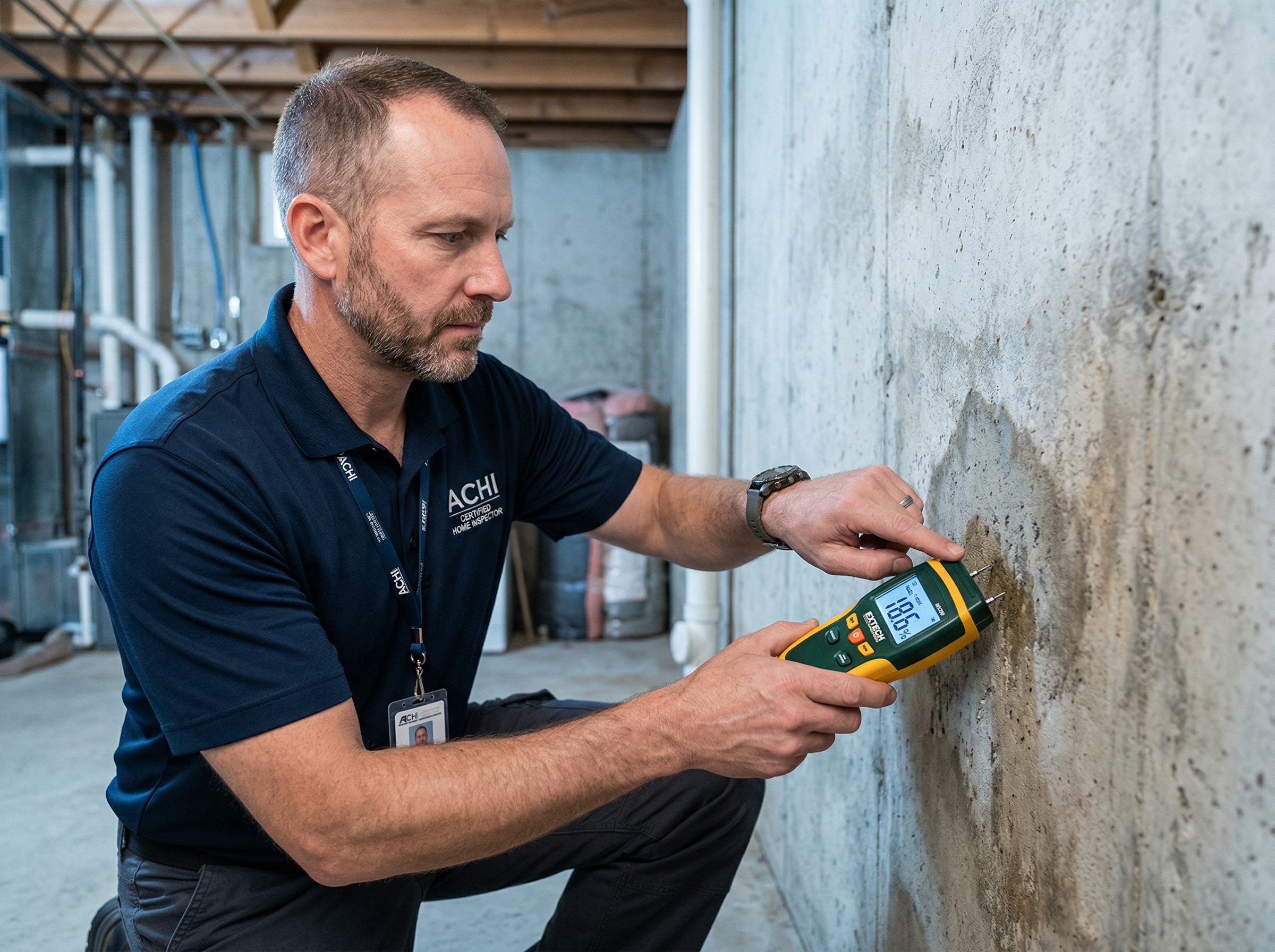 Certified mold inspector using moisture meter on basement wall in York, PA