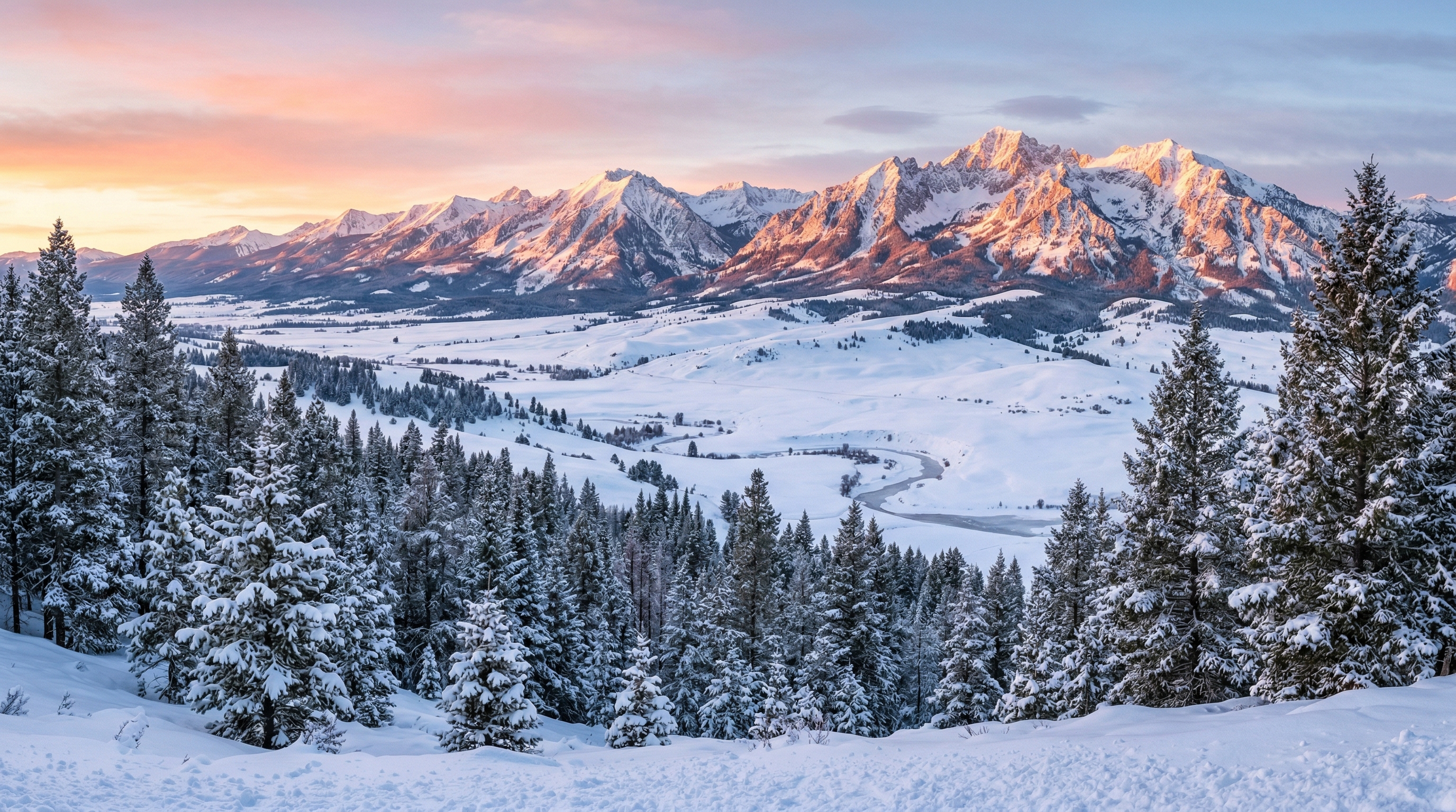 Snow-covered Montana mountain range at sunrise with pine trees and golden alpenglow