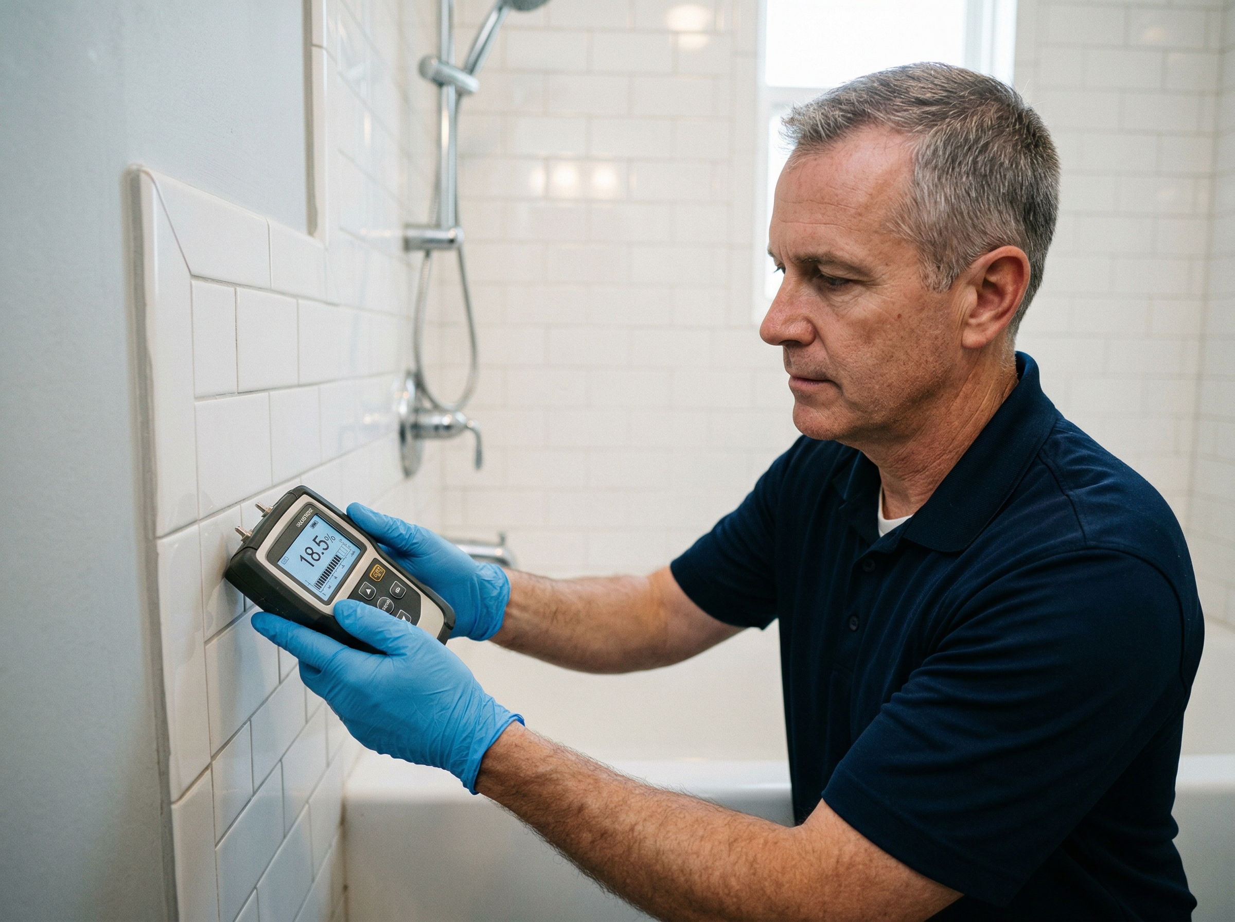 Certified mold inspector using moisture meter on bathroom tile wall