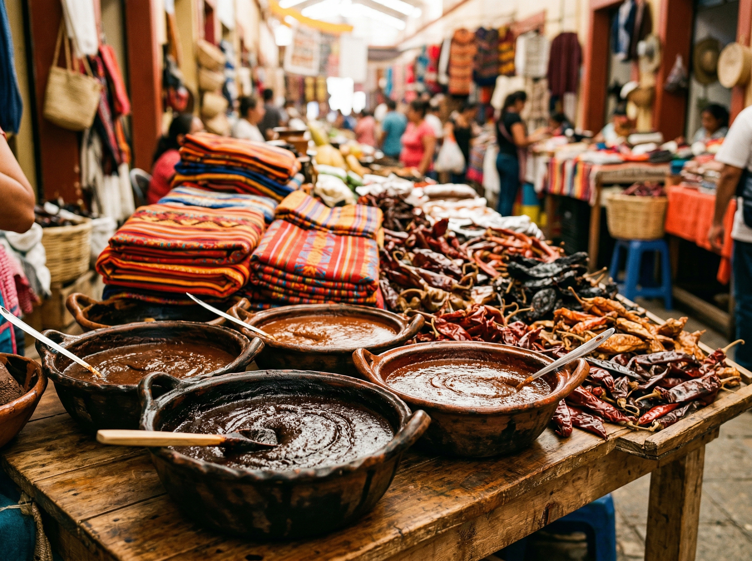 Oaxacan market stalls with mole paste in clay bowls and dried chilis