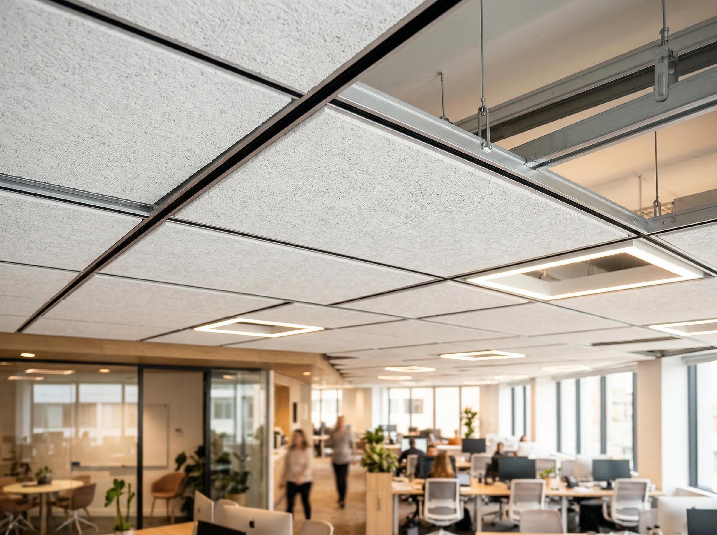 Close-up of PanelHush Sky acoustic ceiling panels showing panel texture and mounting detail