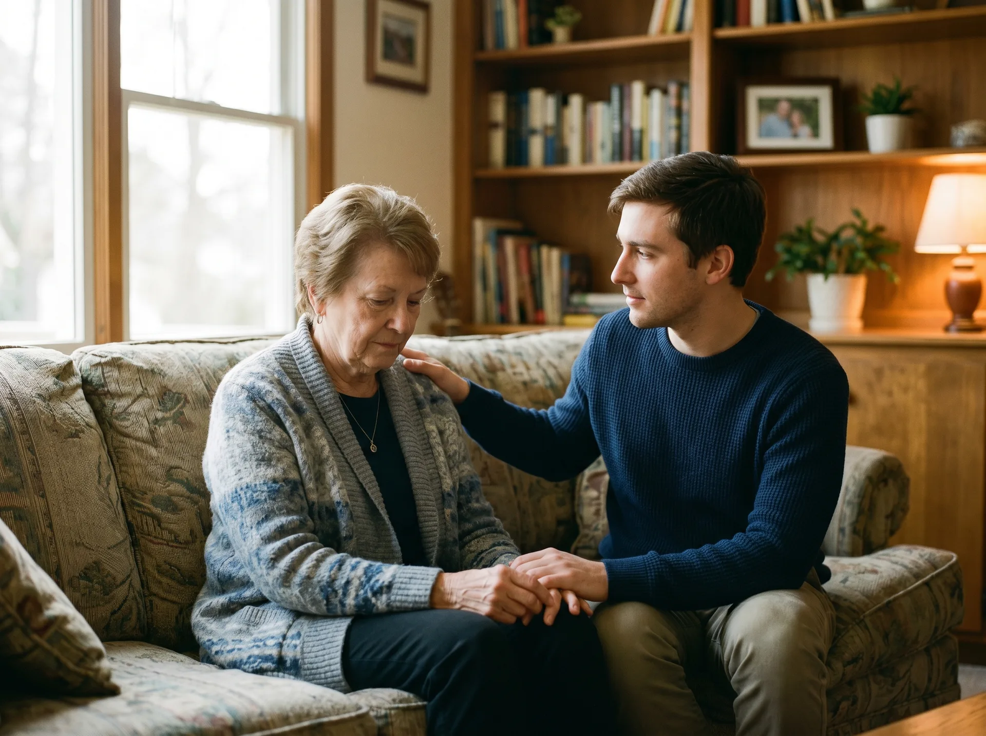 Family member comforting a grieving loved one in a Virginia Beach area home
