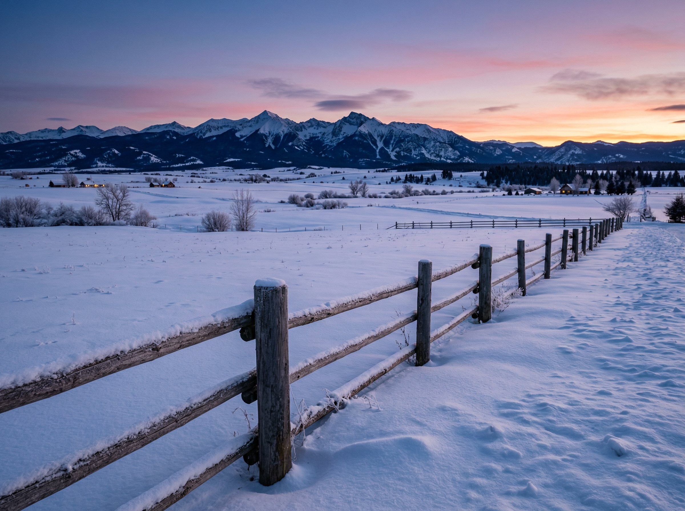 Snowy Montana countryside at dusk with rustic wooden fence and mountain silhouettes at twilight