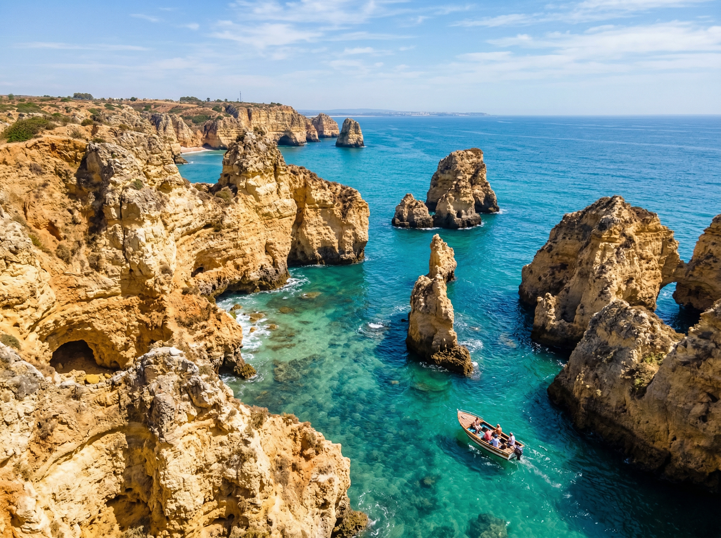 Dramatic golden limestone sea stacks of Ponta da Piedade, Algarve, with turquoise Atlantic waters