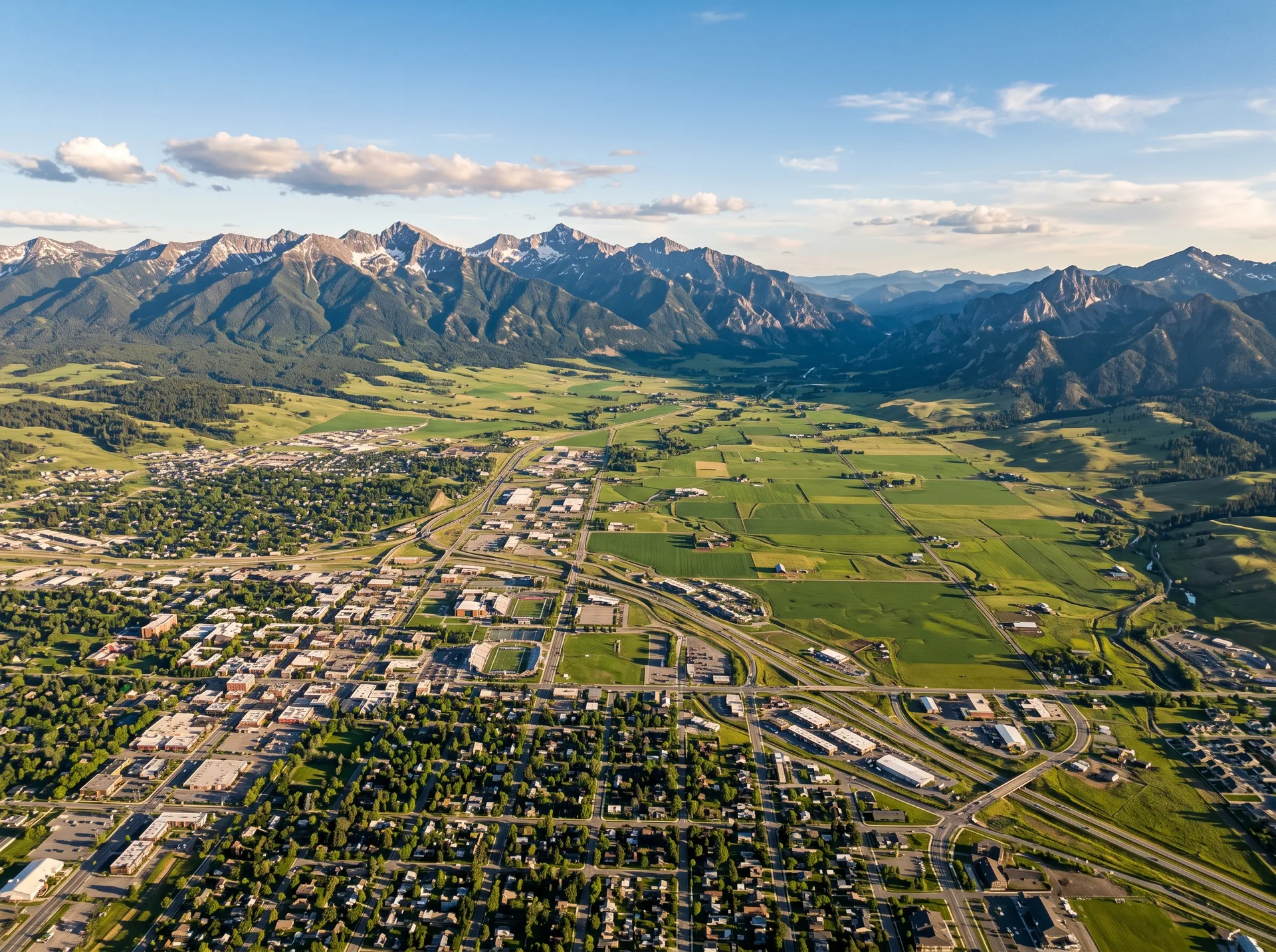 Aerial view of Bozeman Montana from a hot air balloon with mountains and valley below
