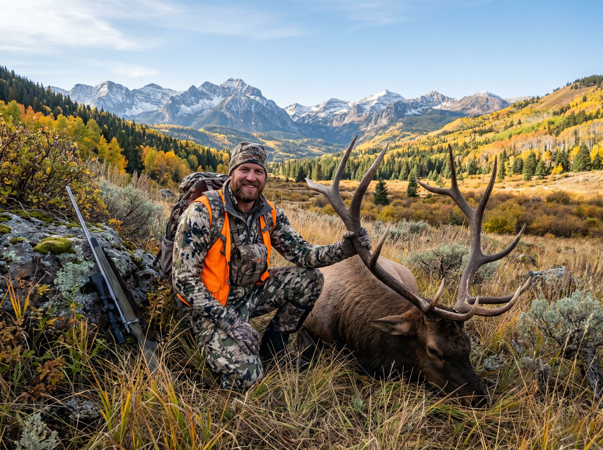Hunter with trophy bull elk in Montana fall landscape with golden aspen foliage