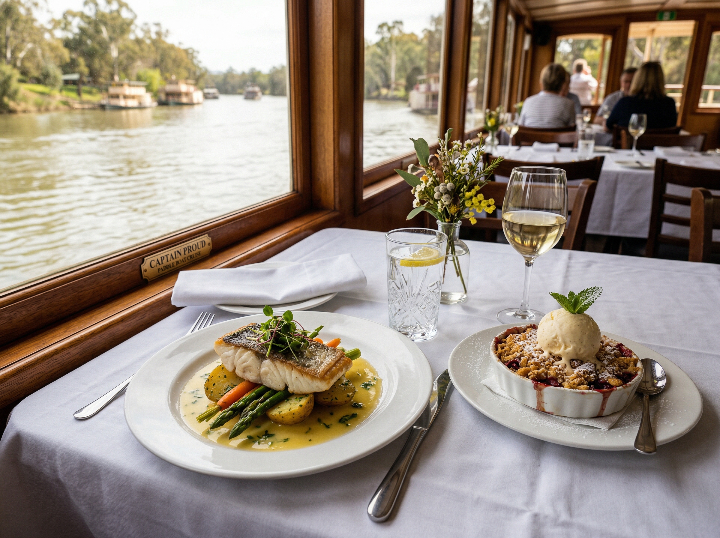 Two-course meal served aboard Captain Proud with River Murray views