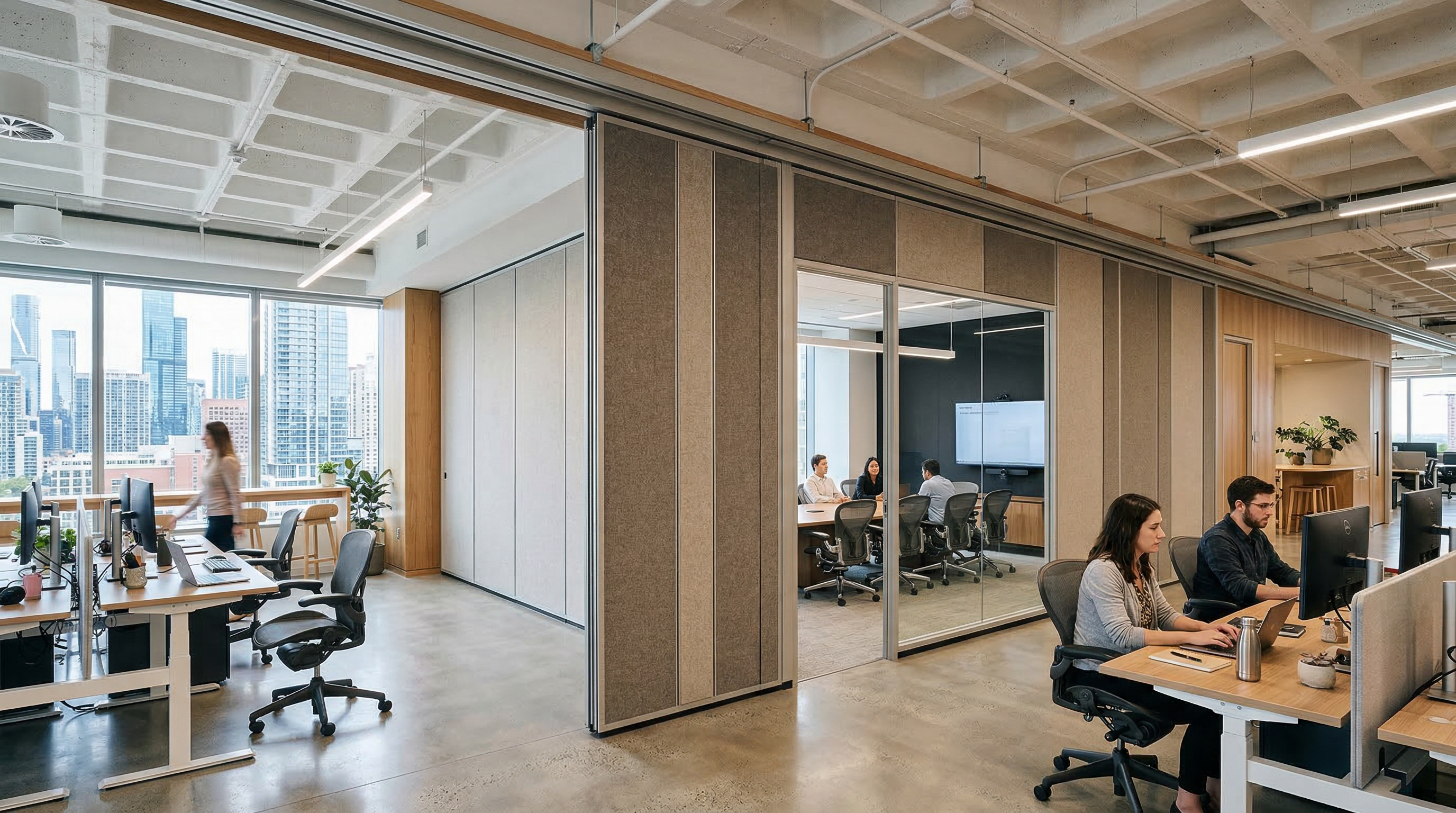 Operable wall system dividing a large office into meeting rooms