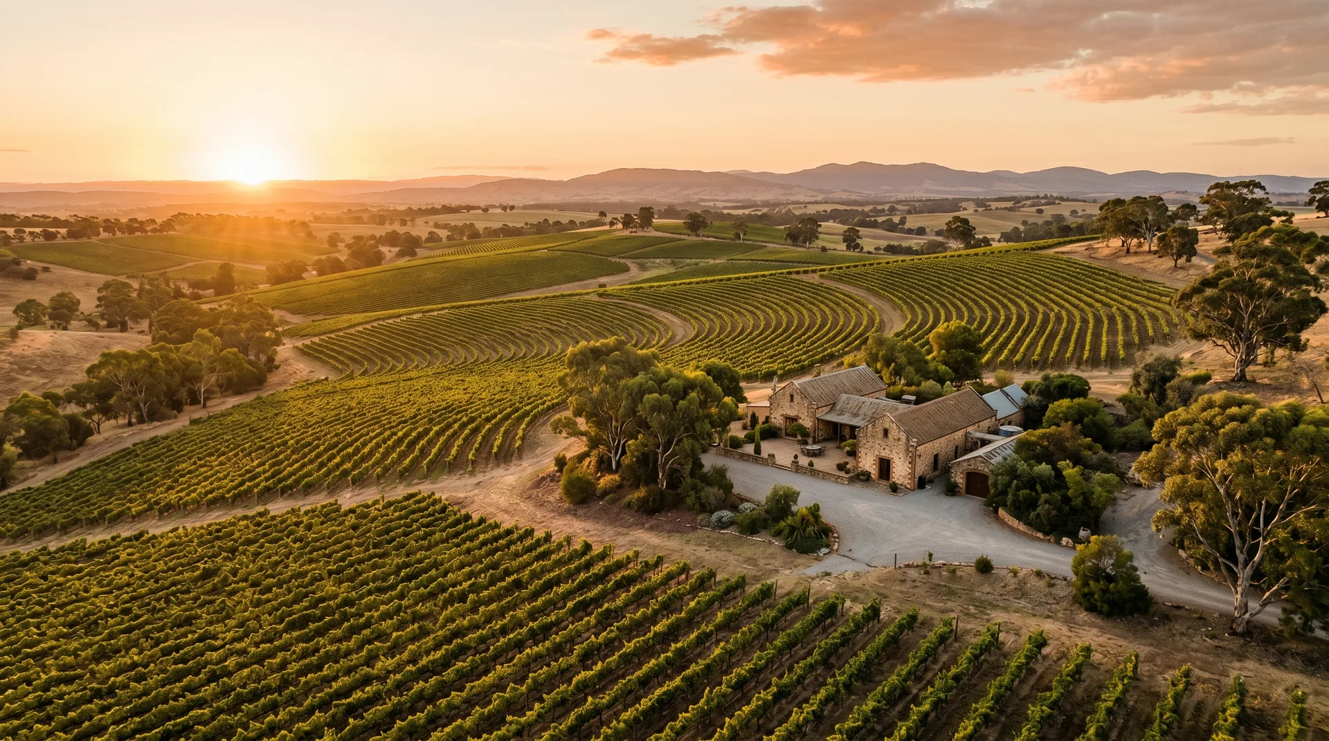 Aerial view of Barossa Valley vineyards and historic stone winery at golden hour