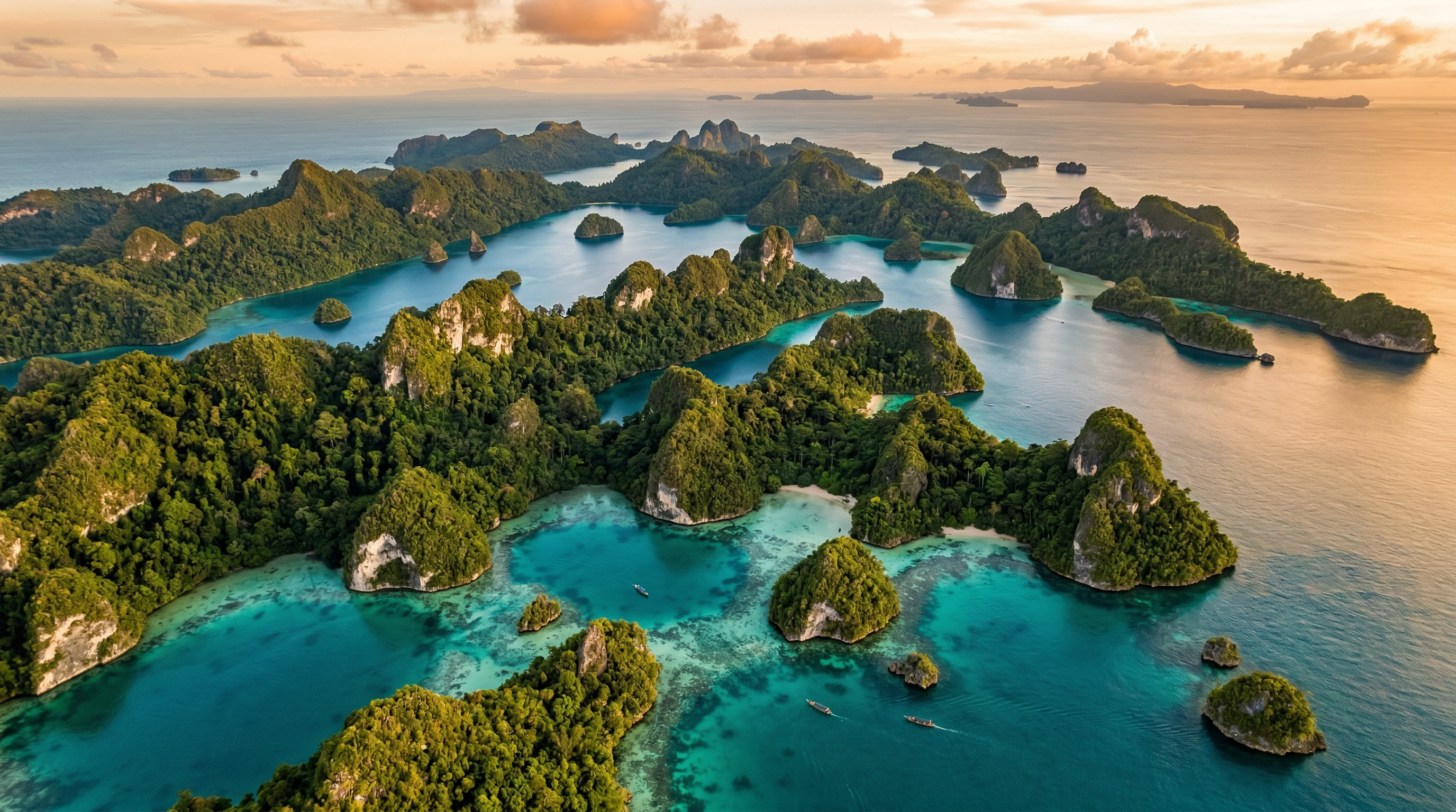 Aerial view of Indonesian archipelago — limestone islands and turquoise waters of Raja Ampat