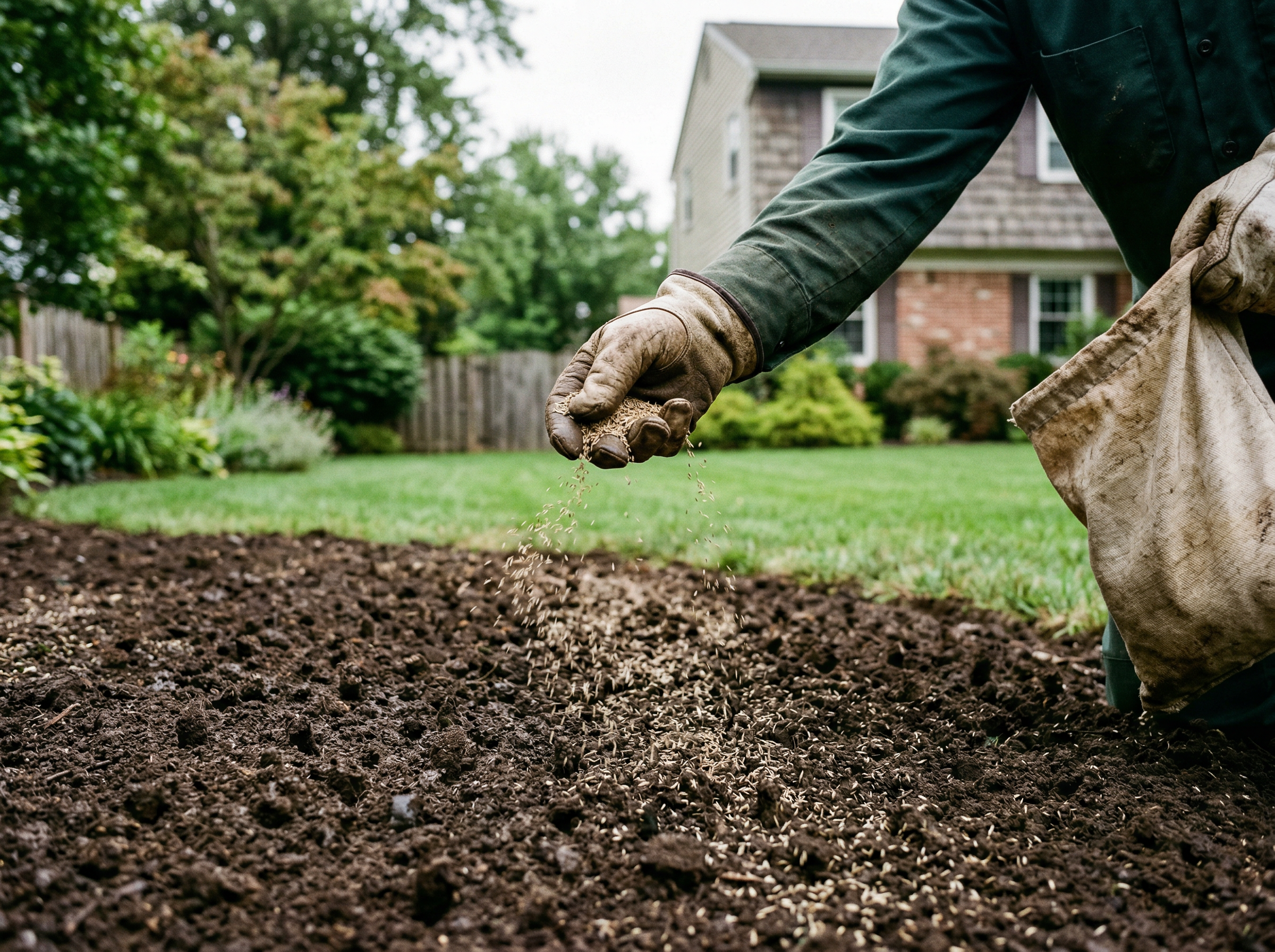 Landscaper spreading grass seed over prepared dark soil in a residential backyard