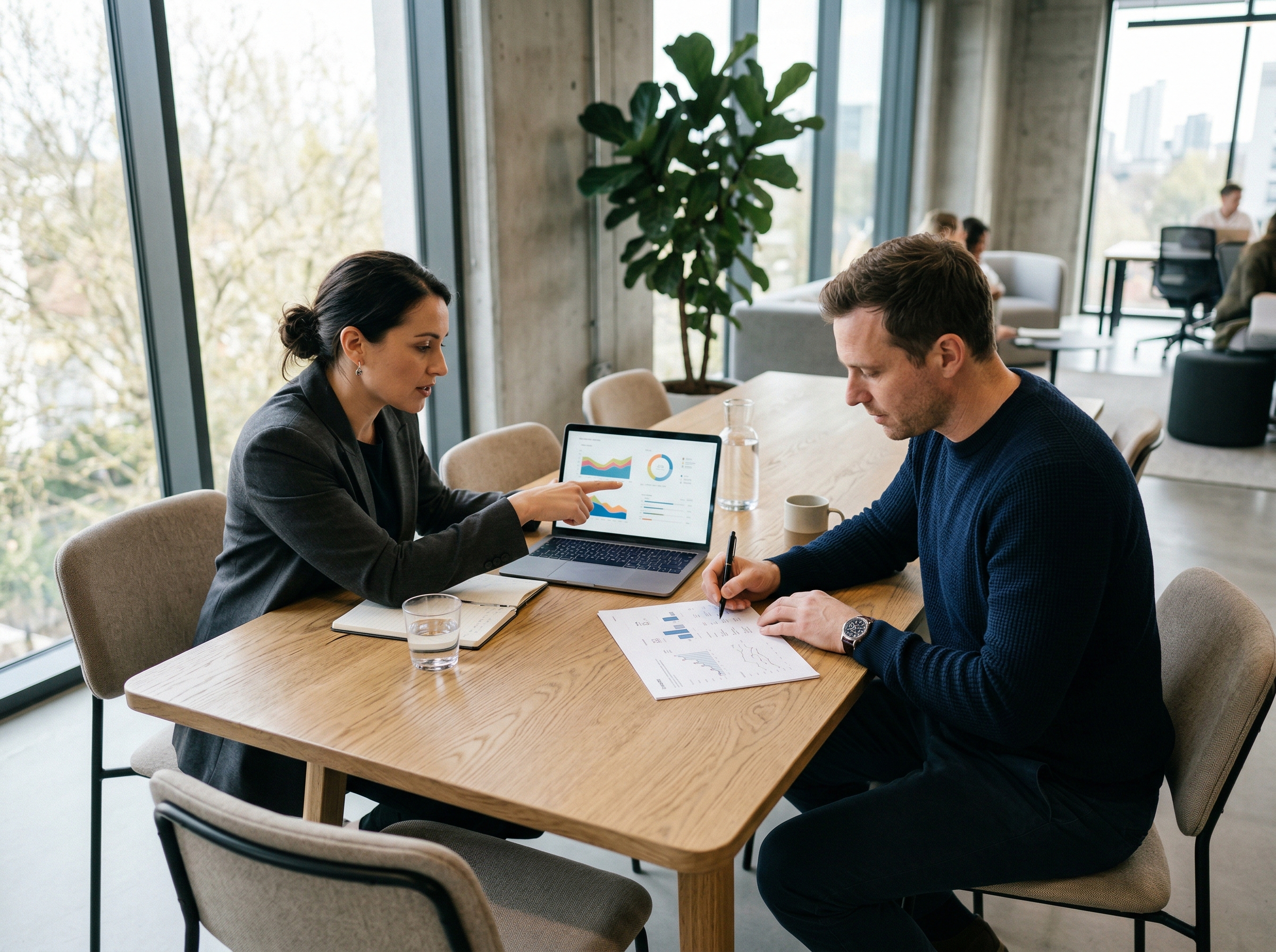 SEO strategist reviewing campaign data with client