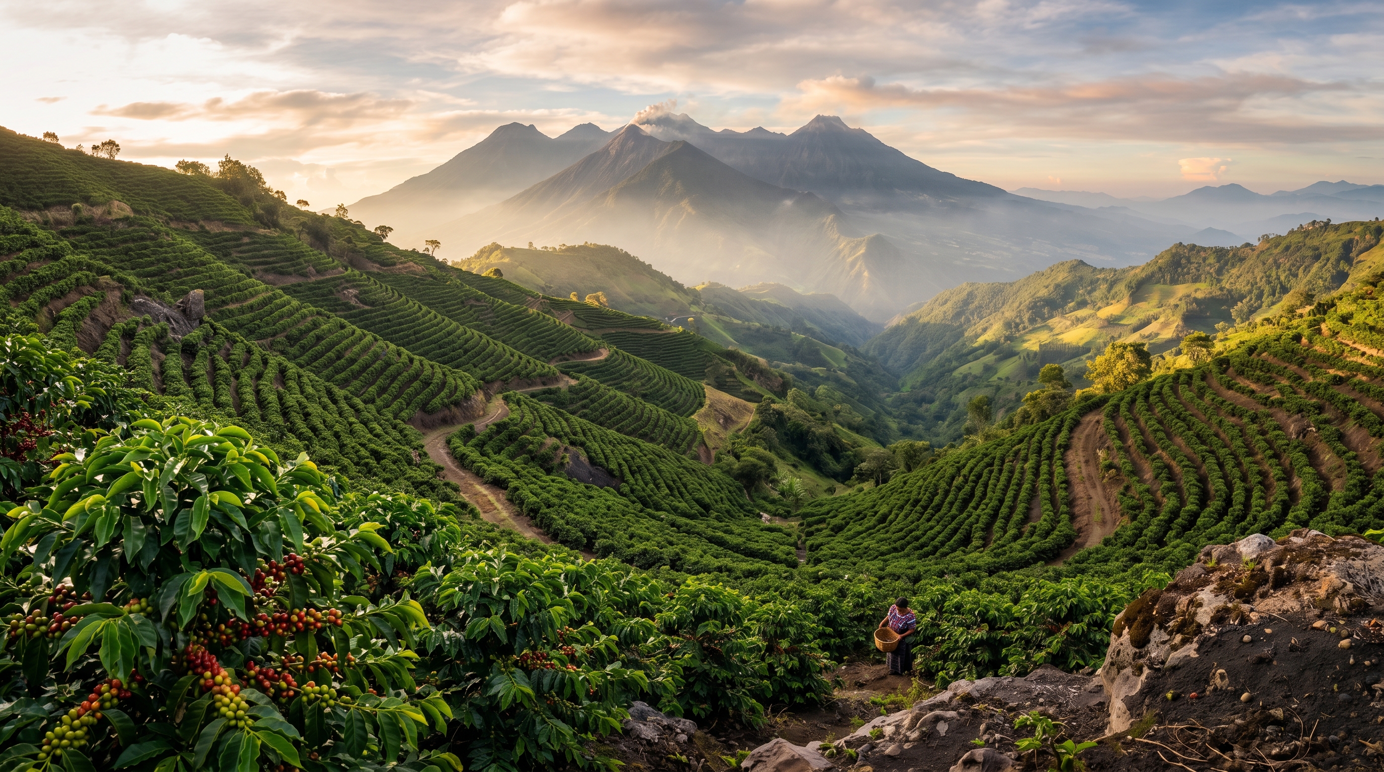 Finca San José Ocaña coffee plantation in the highlands of Guatemala, rows of coffee plants on volcanic hillside