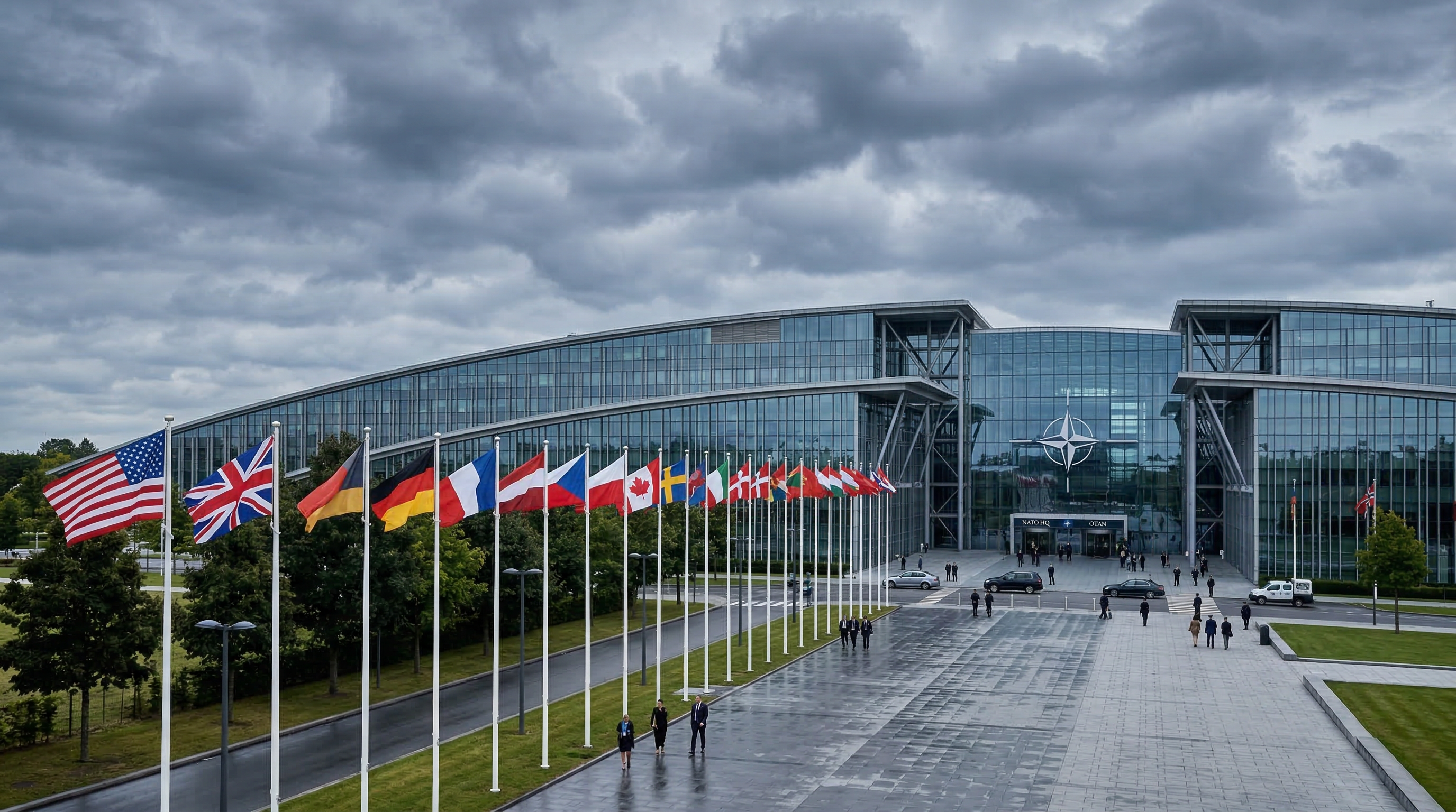 NATO headquarters with member nation flags
