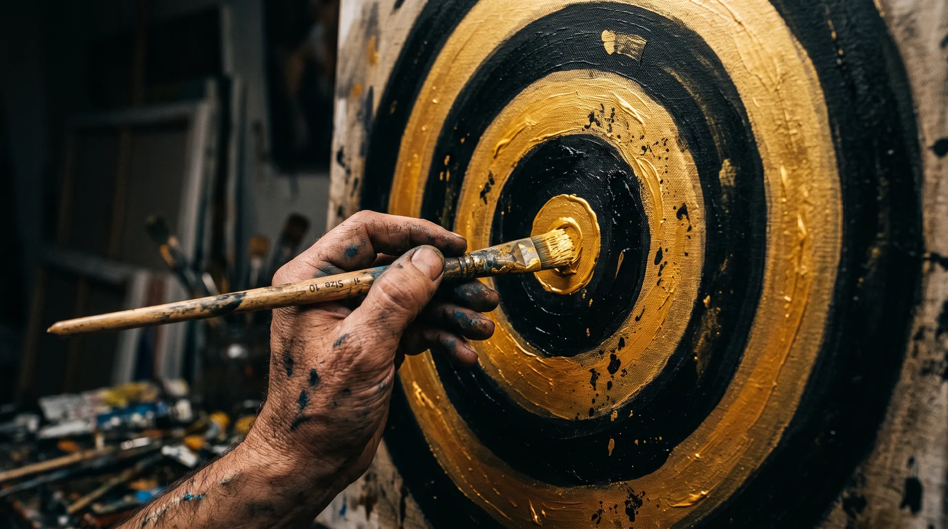 Artist's hand painting a bullseye - balancing creative vision and commerce