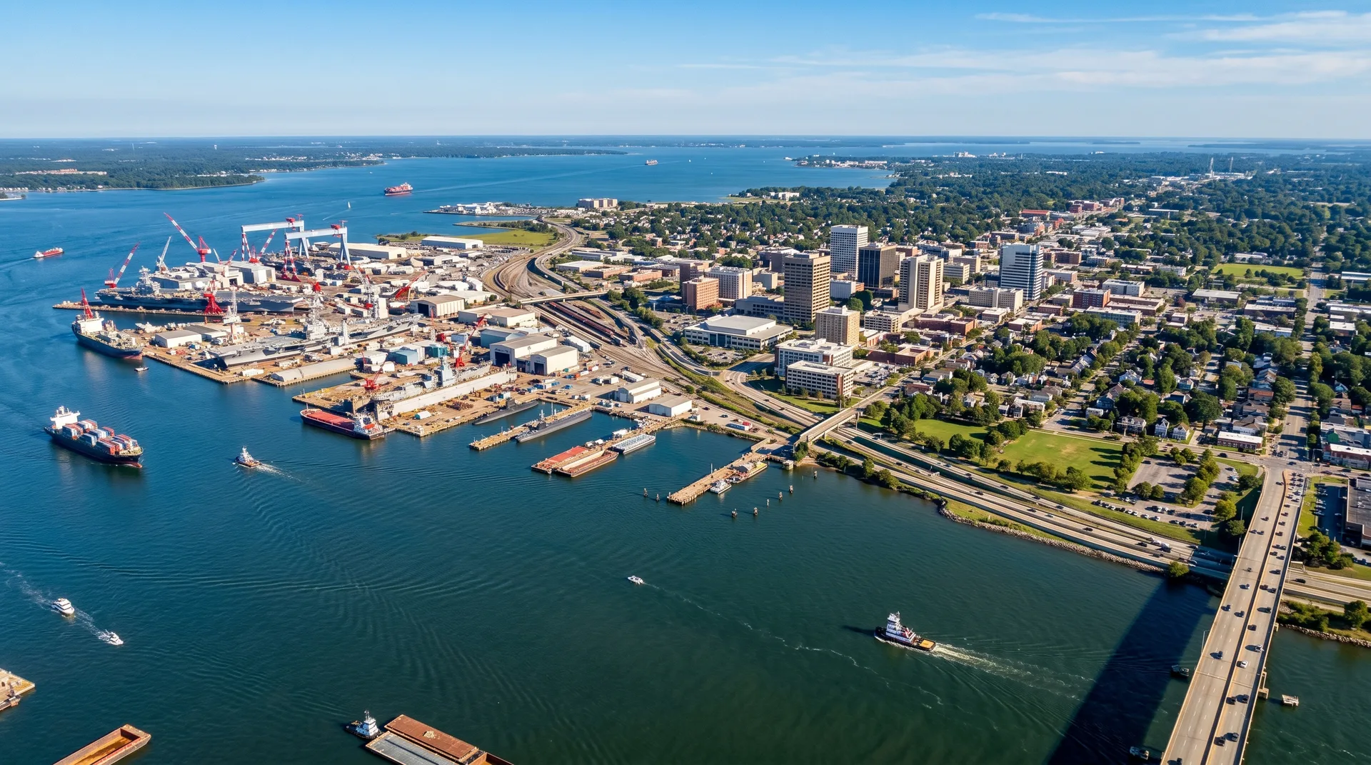 Newport News Virginia James River waterfront aerial view