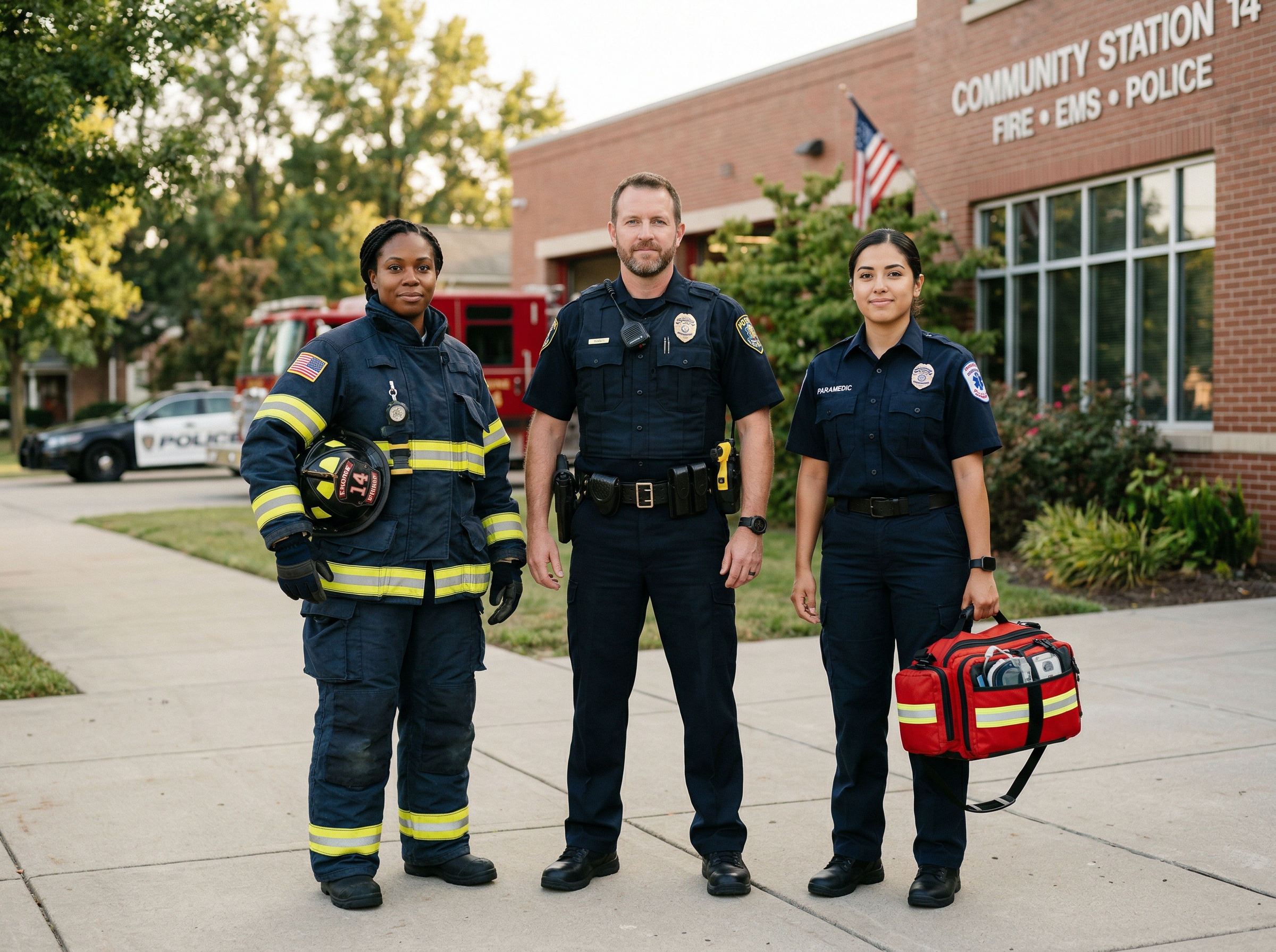 Diverse group of first responders - firefighter, police officer, and paramedic - standing together in front of a community station