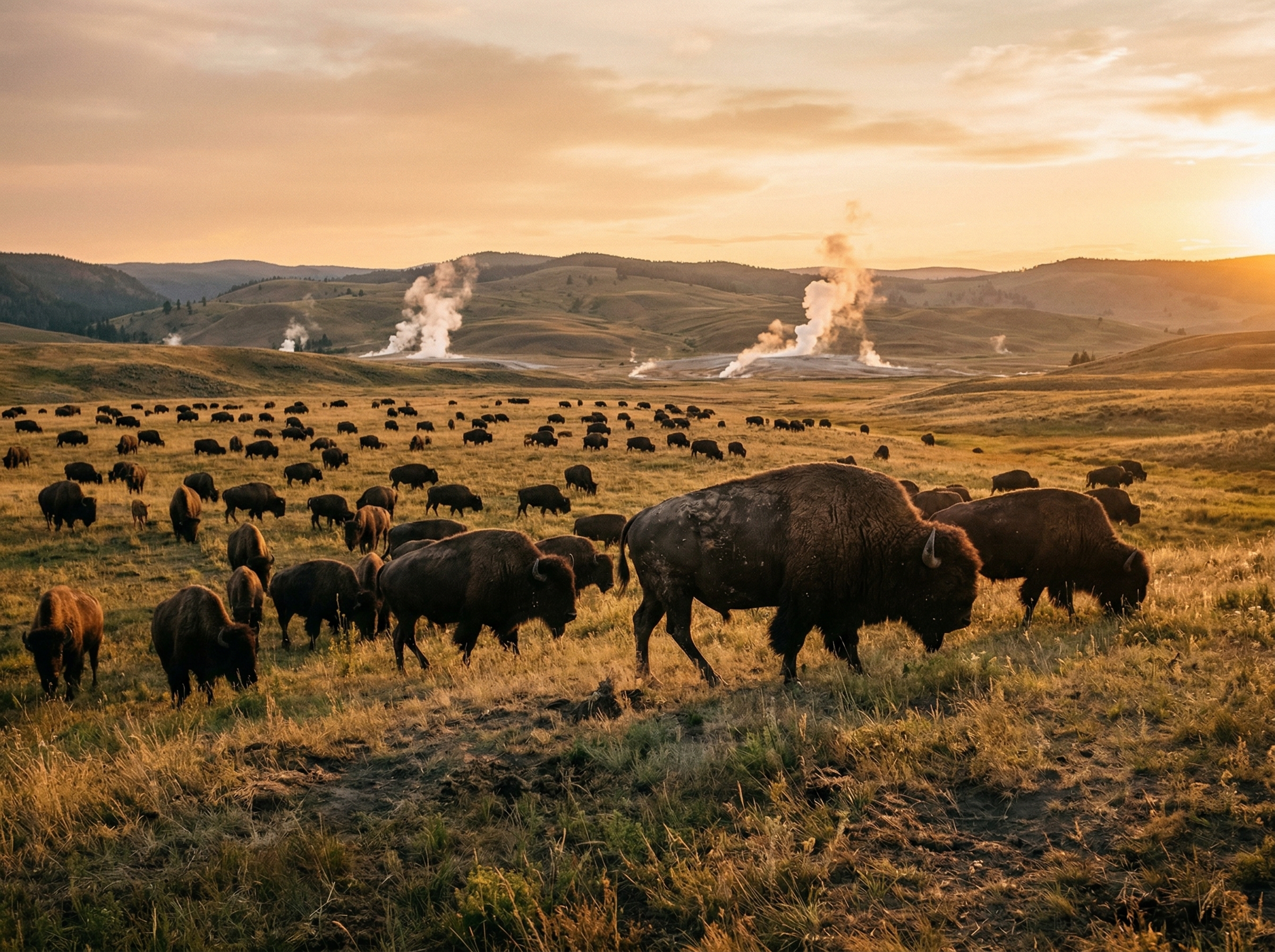 Bison herd grazing on Yellowstone plains at golden hour with geothermal steam in background
