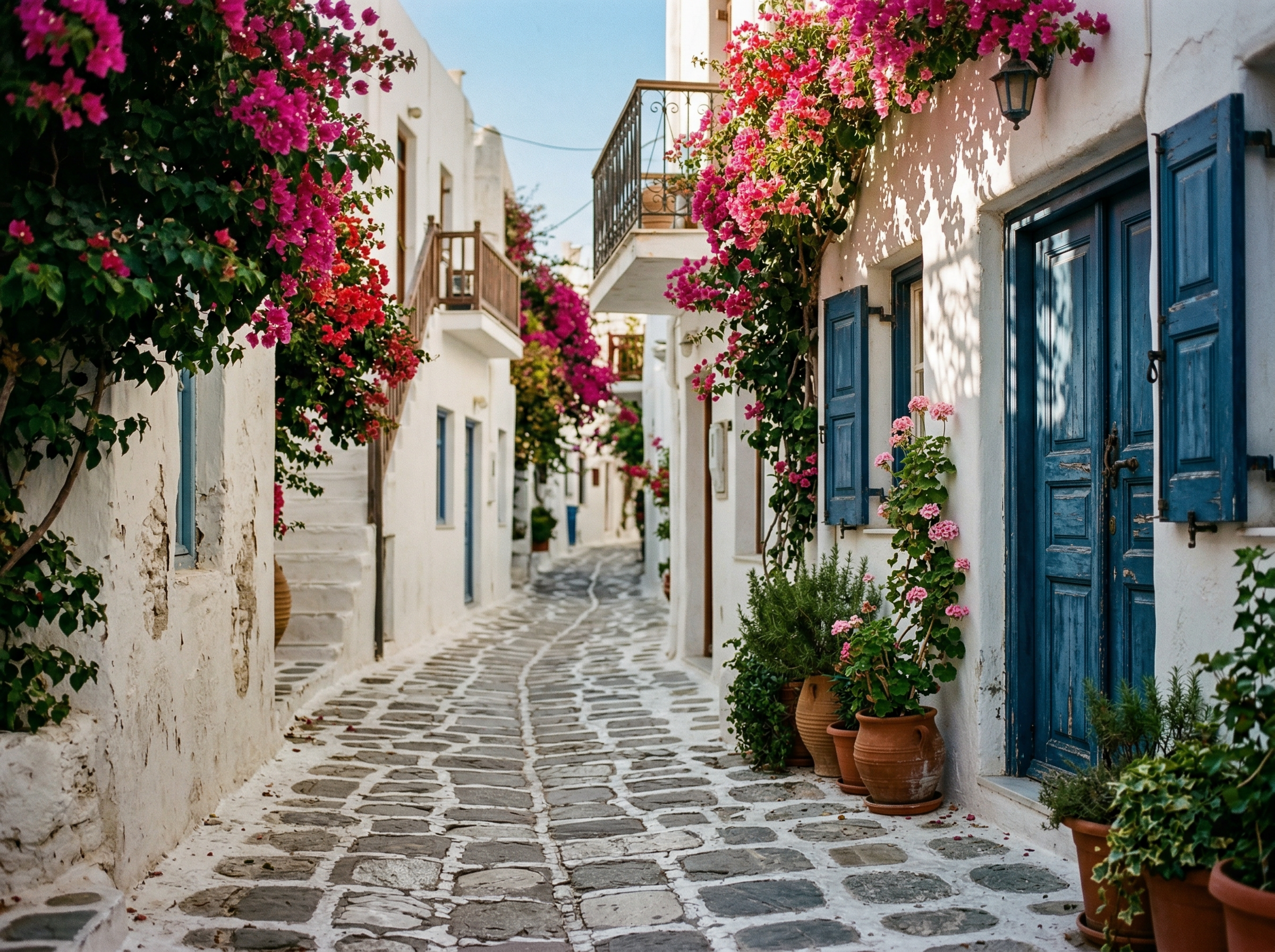 Flower-draped cobblestone alley in Mykonos with blue shutters and bougainvillea