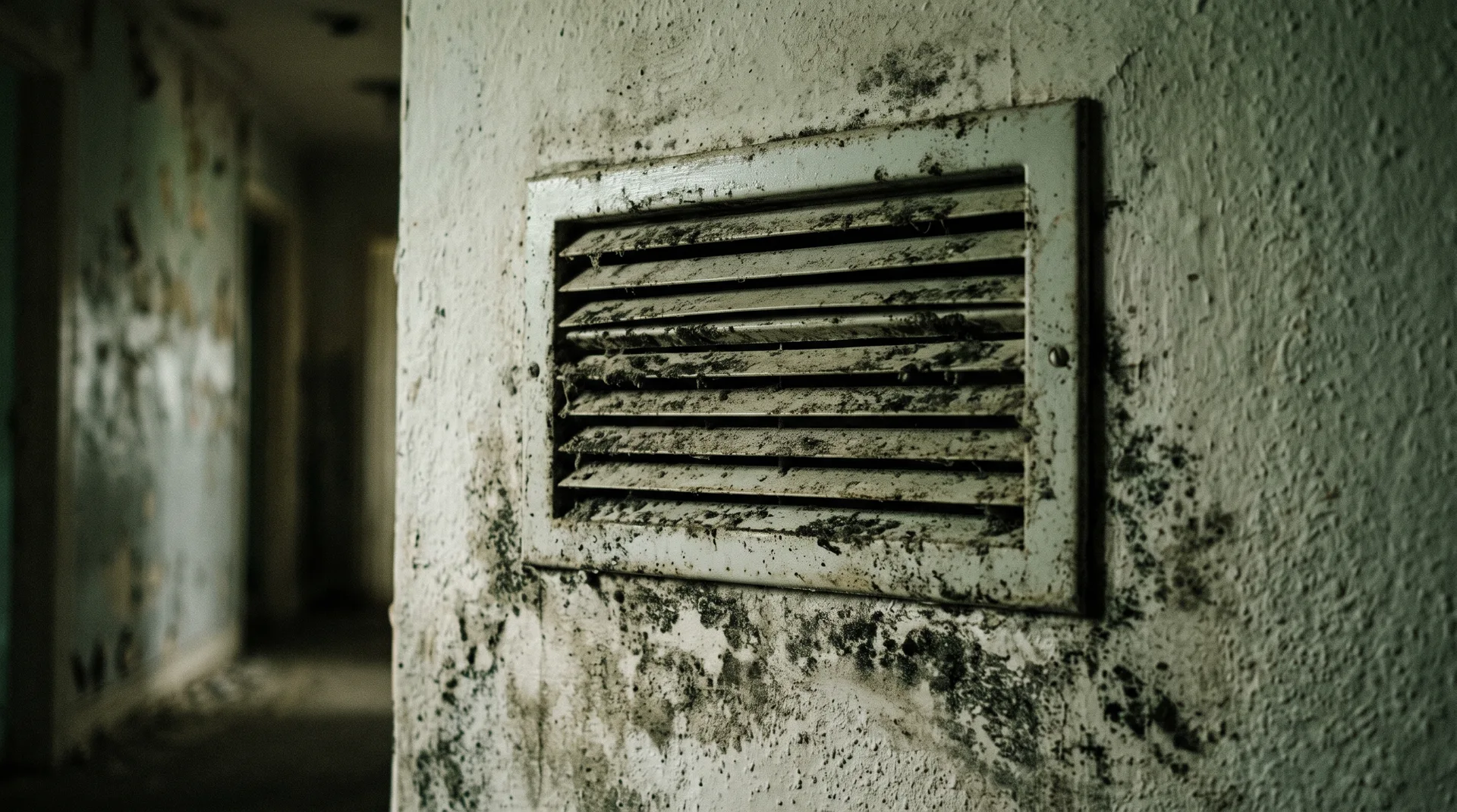 Residential HVAC air vent with visible dark discoloration and mold growth on surrounding wall surface - illustrating how HVAC systems can distribute mold odors throughout a York PA property