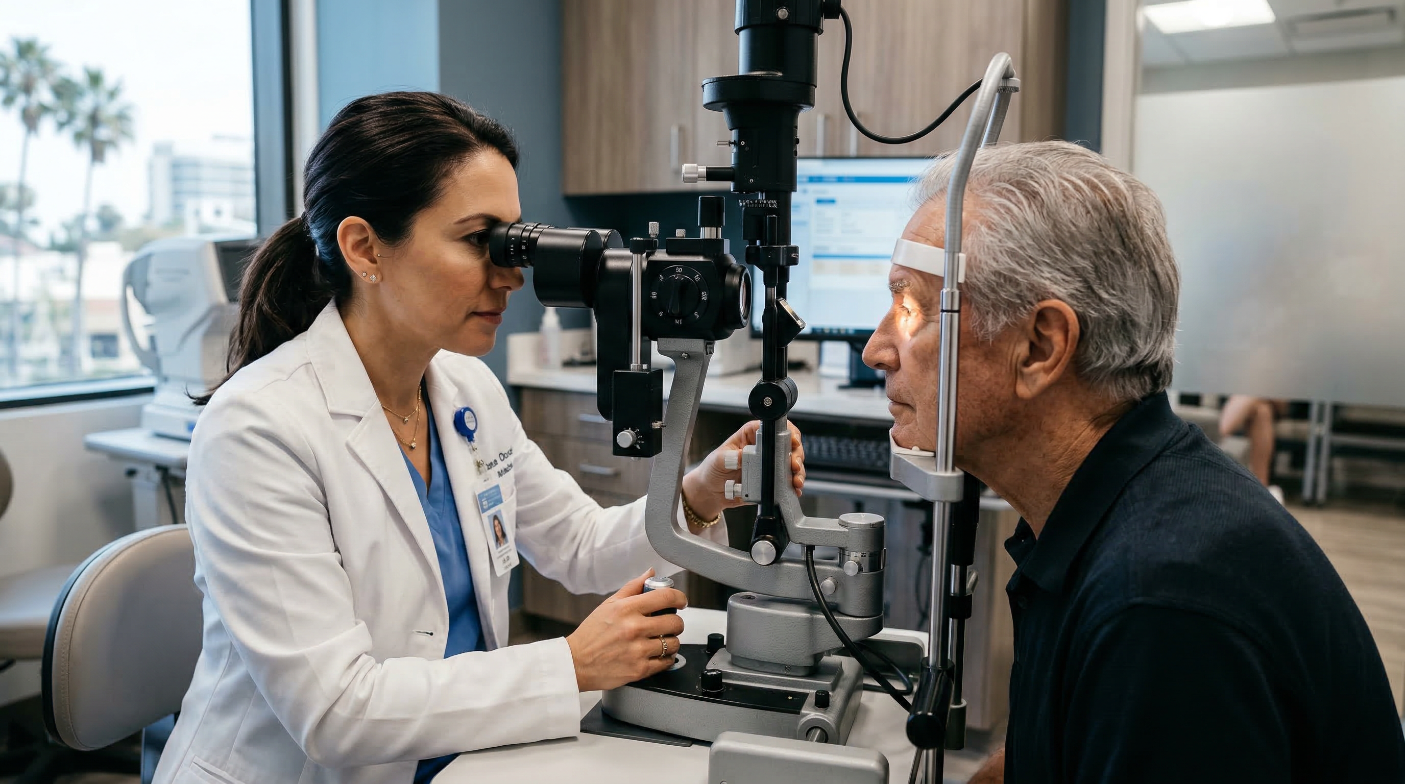 Retina specialist performing eye examination