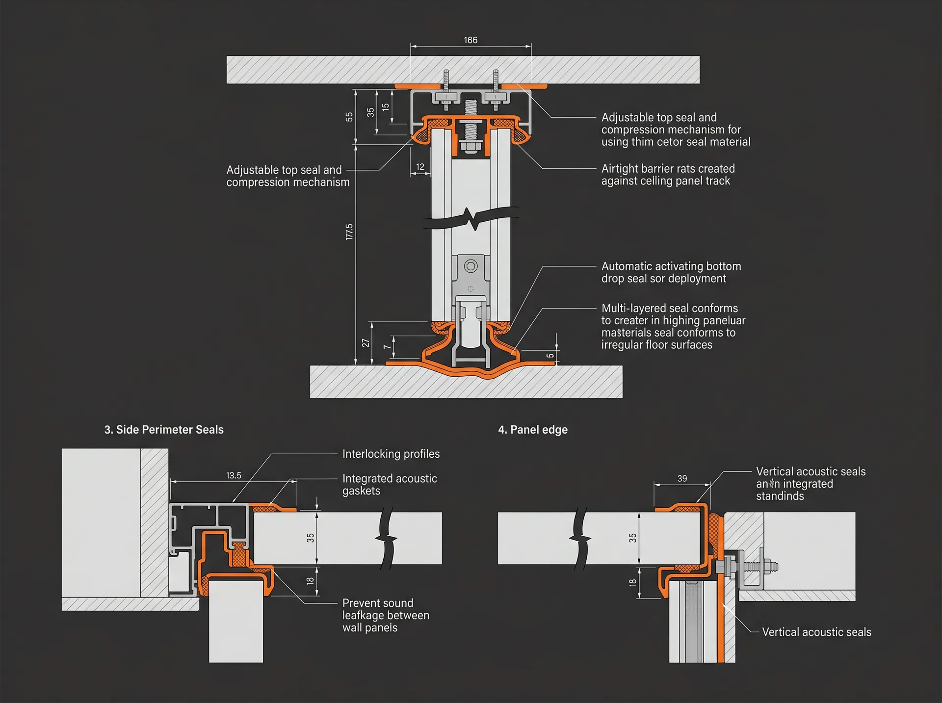 Technical diagram showing acoustic seal positions on a movable wall panel cross-section