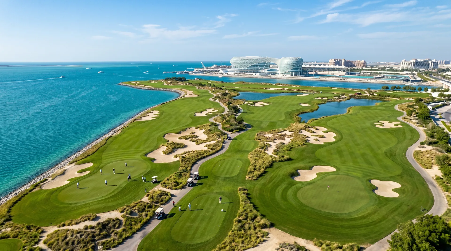 Yas Links Abu Dhabi aerial view with Arabian Gulf