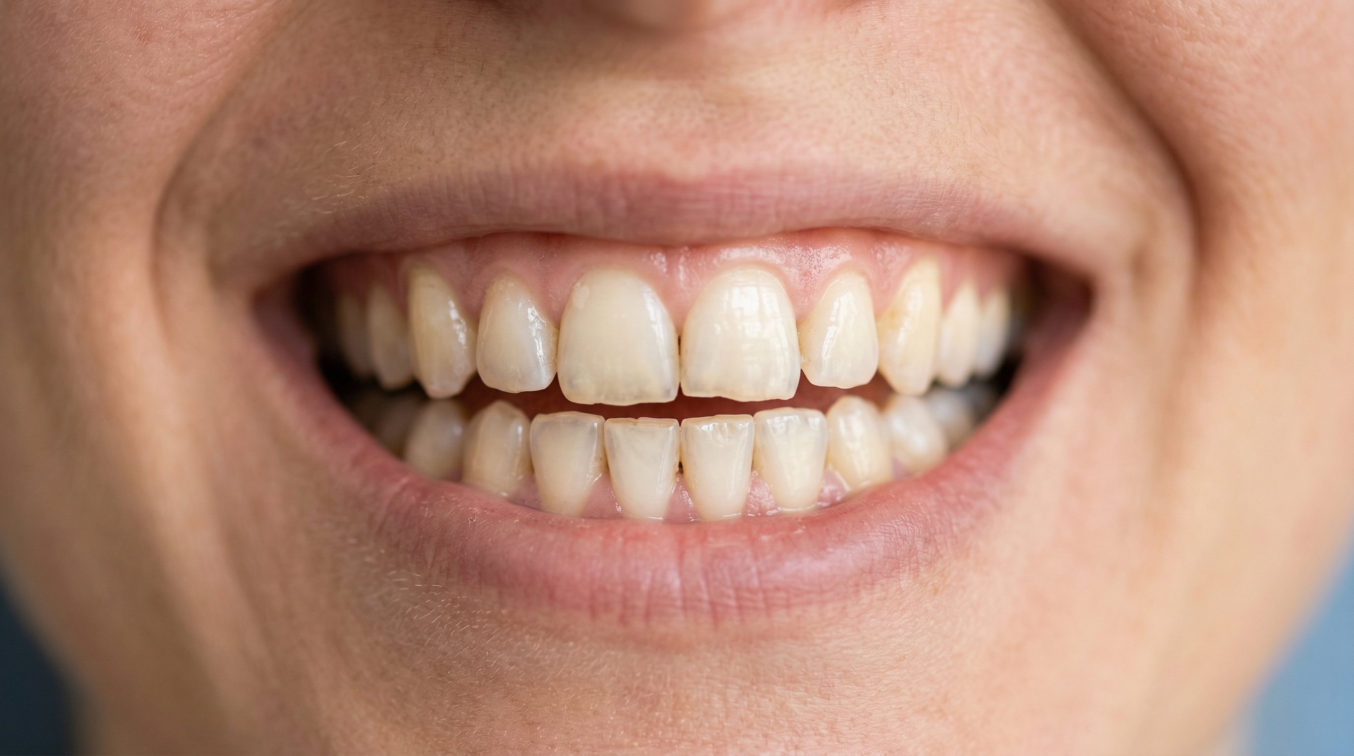 Close-up of front teeth showing signs of enamel wear and erosion